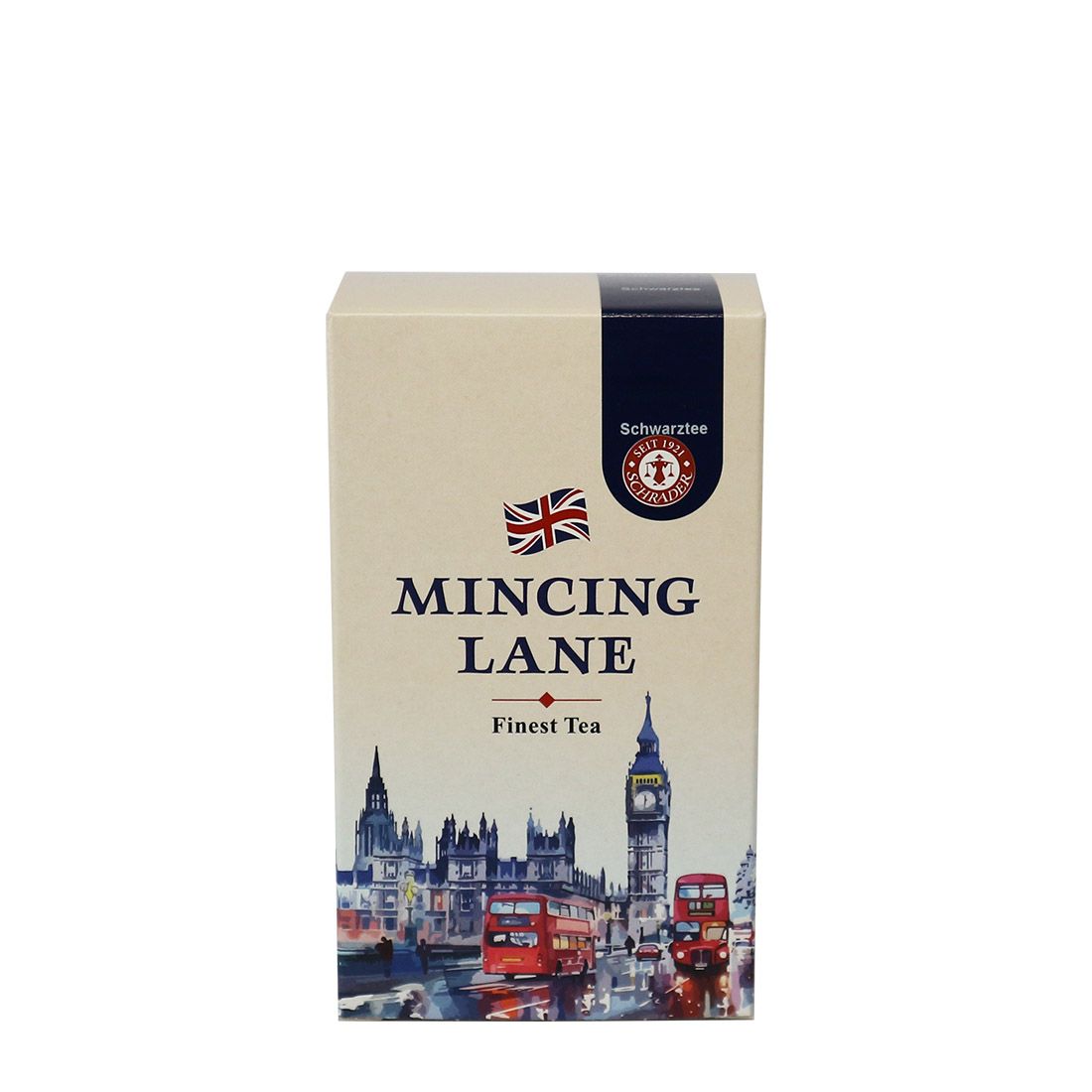 Schwarzer Tee Lemon Tea Verpackung. Aufdruck: Mincing Lane Finest Tea, Union Jack, London-Motiv, Siegel.