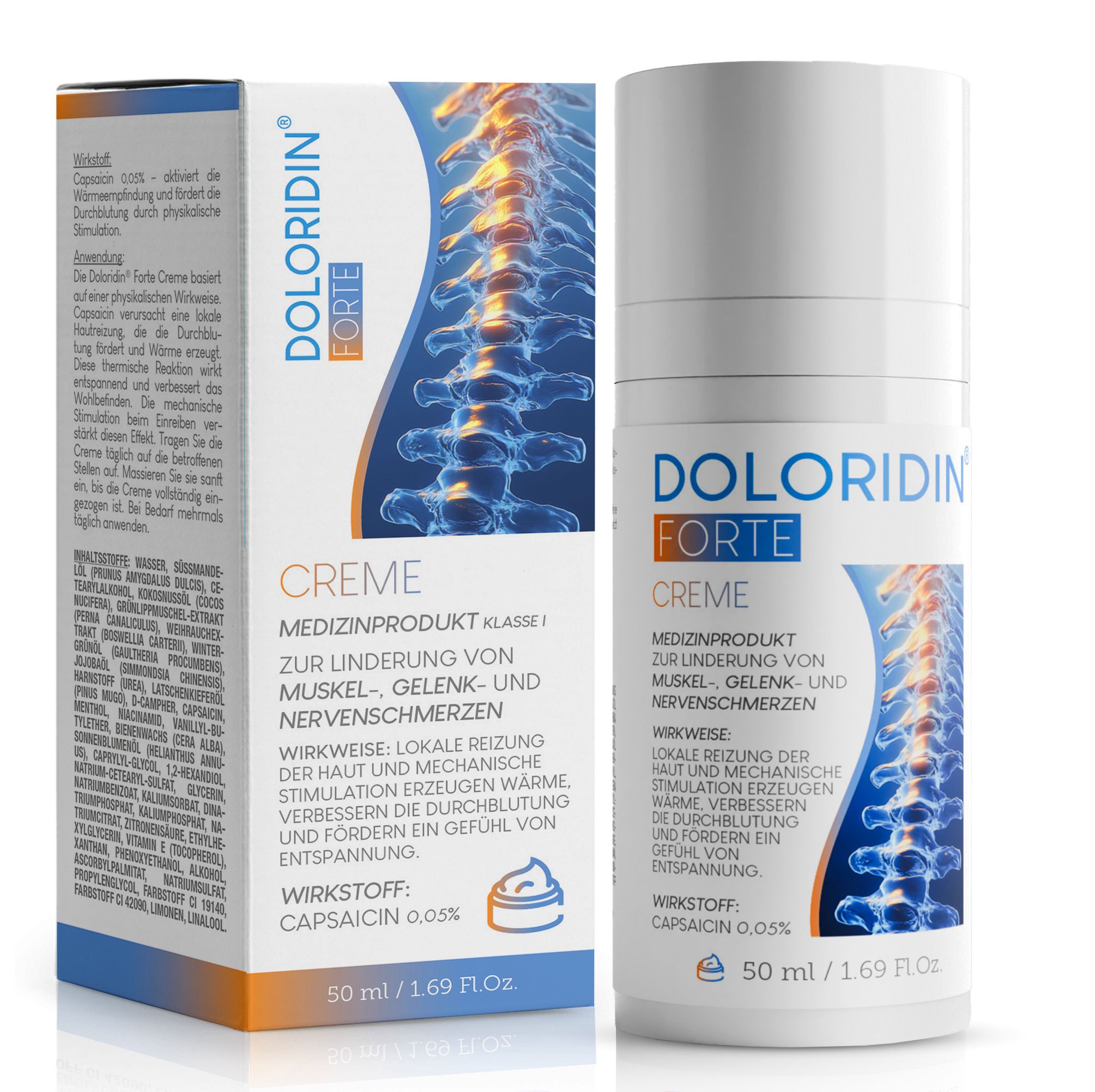 Doloridin Forte Creme, Medizinprodukt. Weiße Tube und Schachtel mit Produktinformationen und Wirbelsäulen-Illustration. Enthält Capsaicin 0,05%.