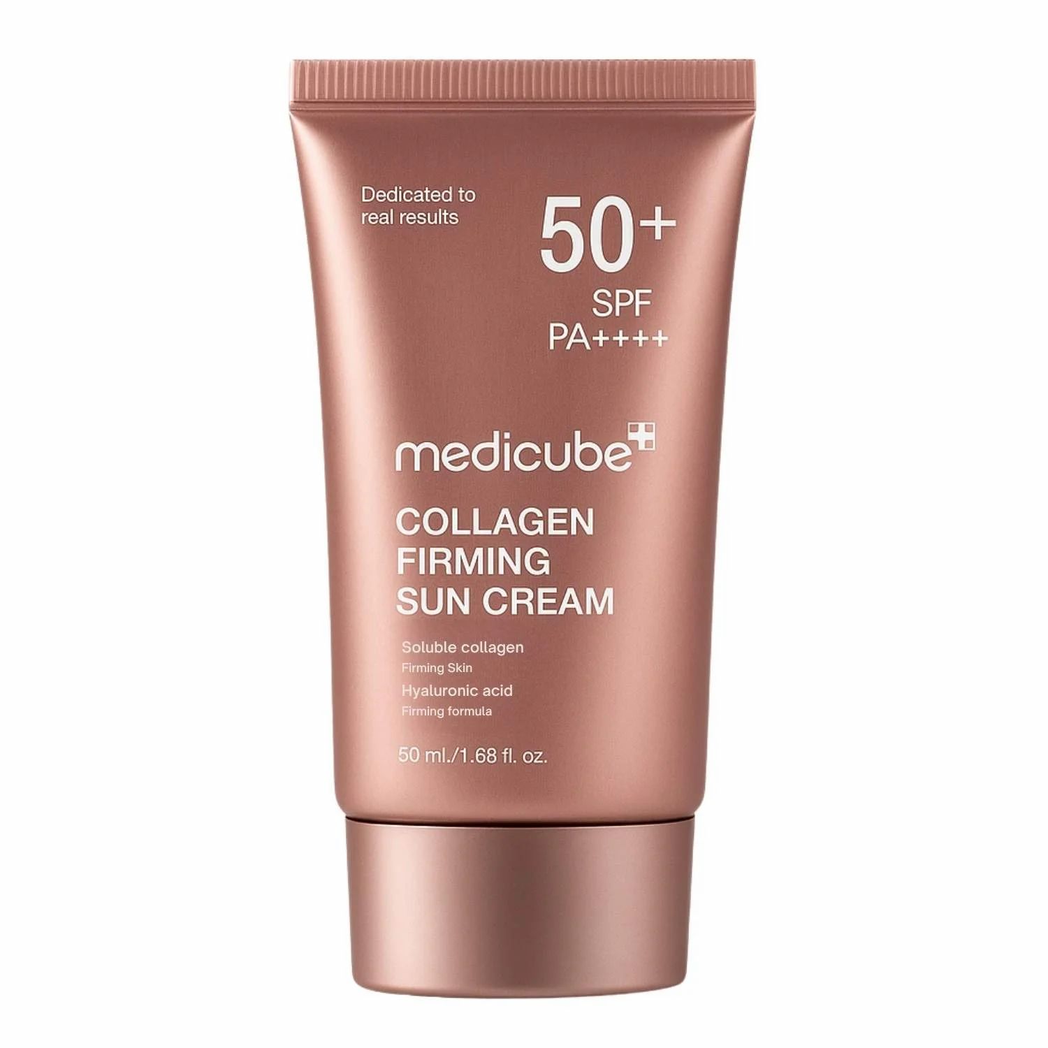 Rosa Tube mit "Medicube Collagen Firming Sun Cream SPF50+ PA++++". Text: "Dedicated to real results".