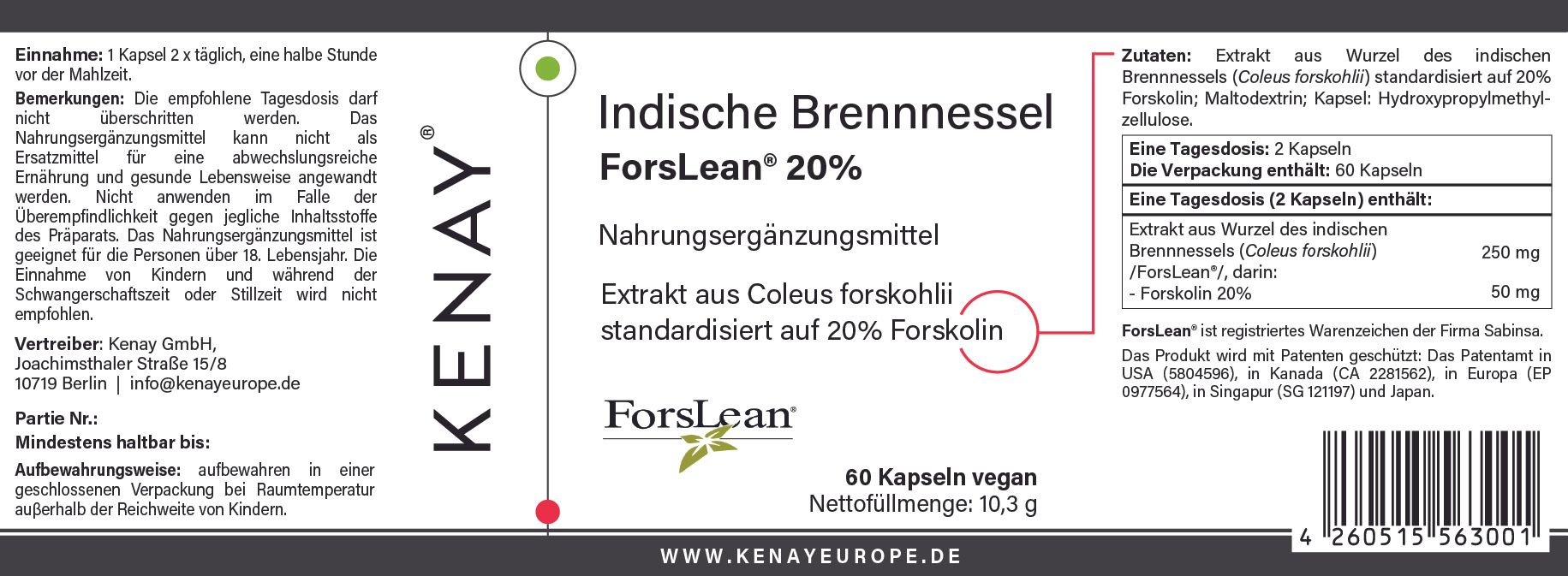 Etikett mit Produktinformationen. Aufschrift: Indische Brennnessel ForsLean® 20%, KENAY®. 60 Kapseln vegan. Inhaltsstoffe und Nährwertangaben.