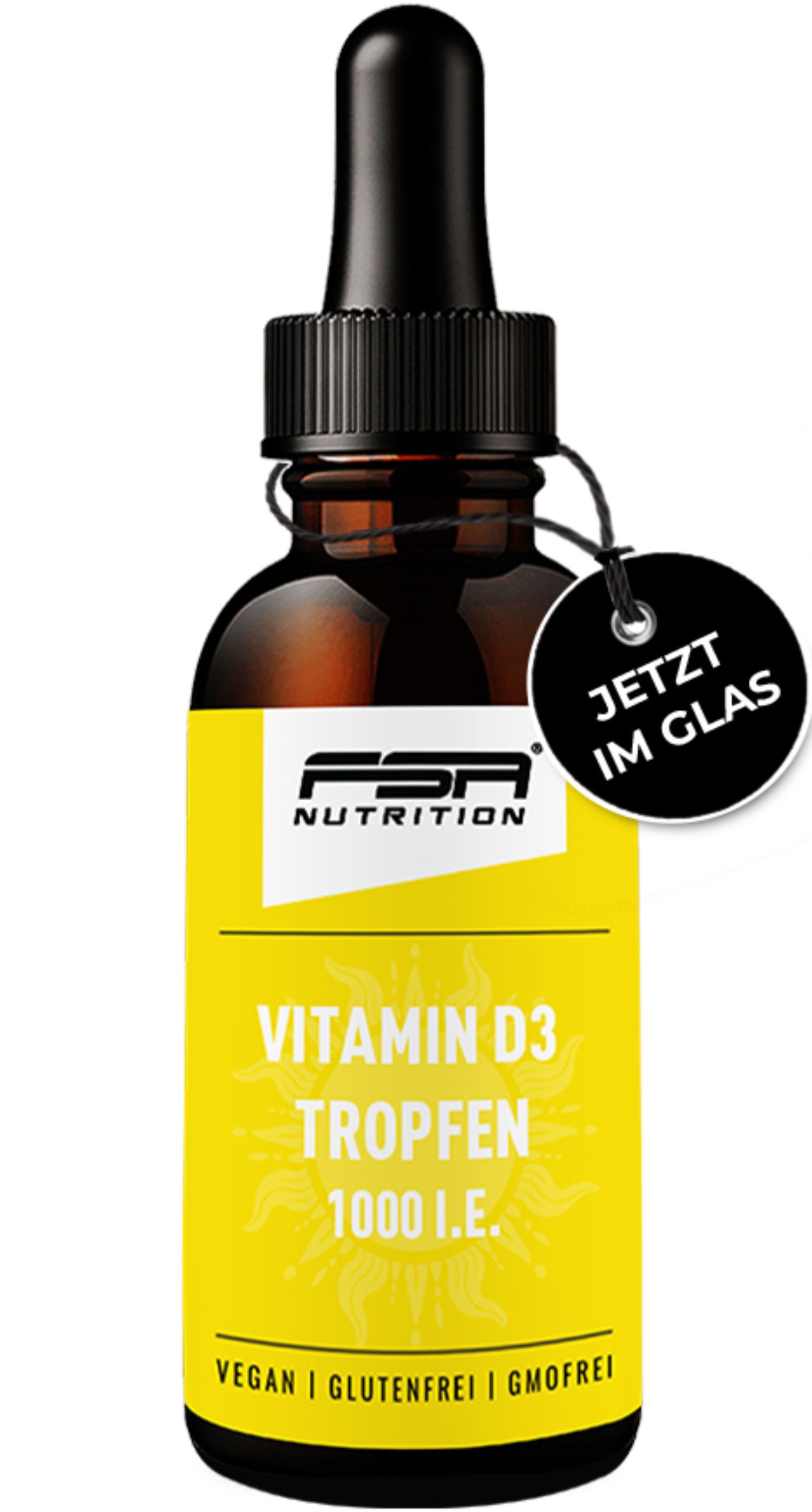 Braune Glasflasche mit schwarzem Verschluss und Pipette. Gelbes Etikett mit FSA NUTRITION, Vitamin D3 Tropfen, 1000 I.E. und Vegan-Hinweis.