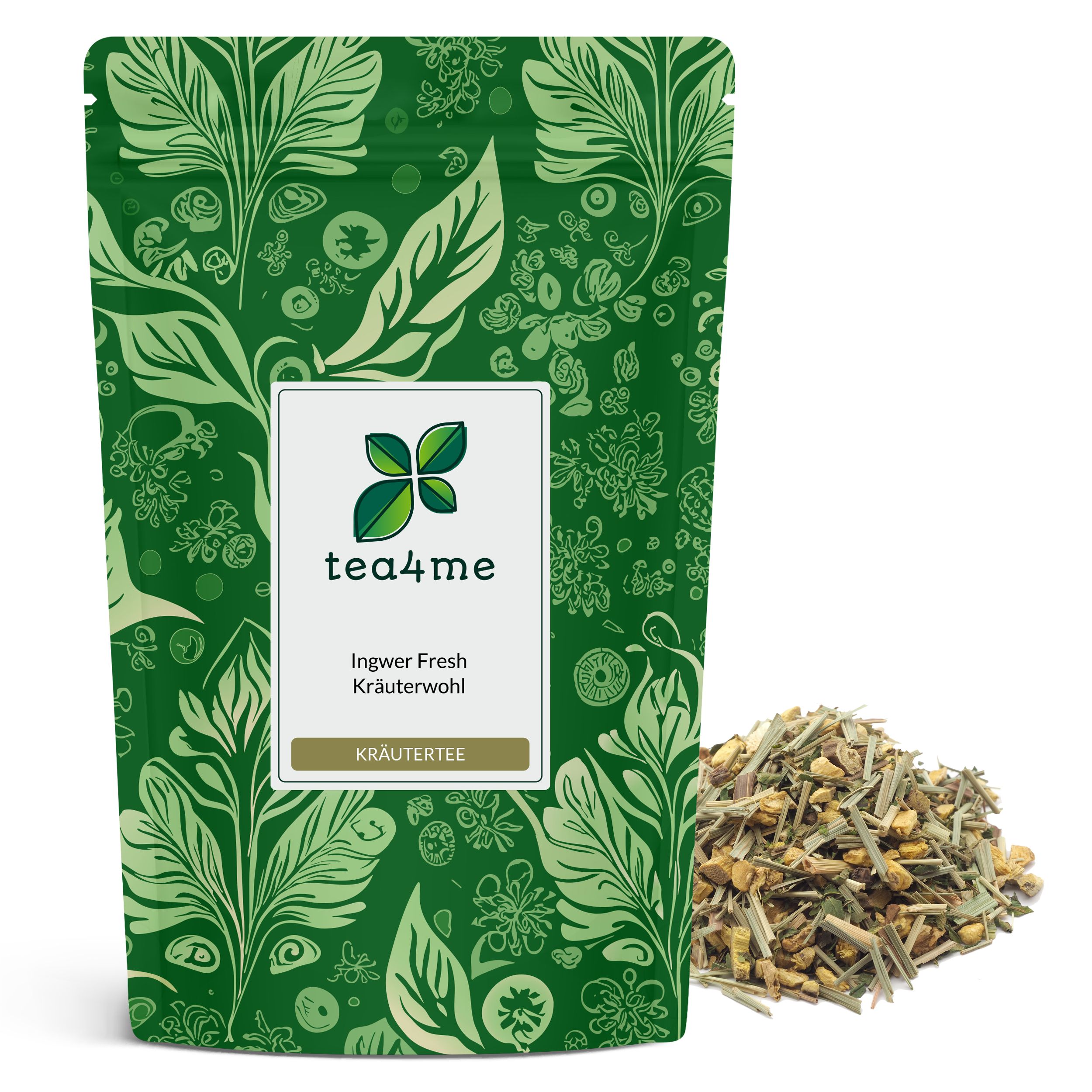 Grüner Beutel mit Kräutertee. Aufschrift: tea4me Ingwer Fresh Kräuterwohl Kräutertee mit Ingwer-Minze-Zitrone-Geschmack. Daneben Kräutermischung.