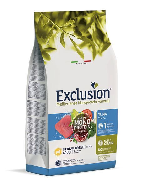 Exclusion Mediterraneo Monoprotein Formula, Hundefutter. Verpackung mit Thunfisch, Gemüse und Text. Hergestellt in Italien.