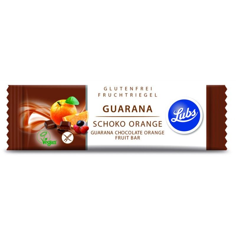Guarana Schoko Orange Fruchtriegel in brauner Verpackung. Glutenfrei. Logo von Lubs. Abbildung von Orange, Schokolade und Beeren.