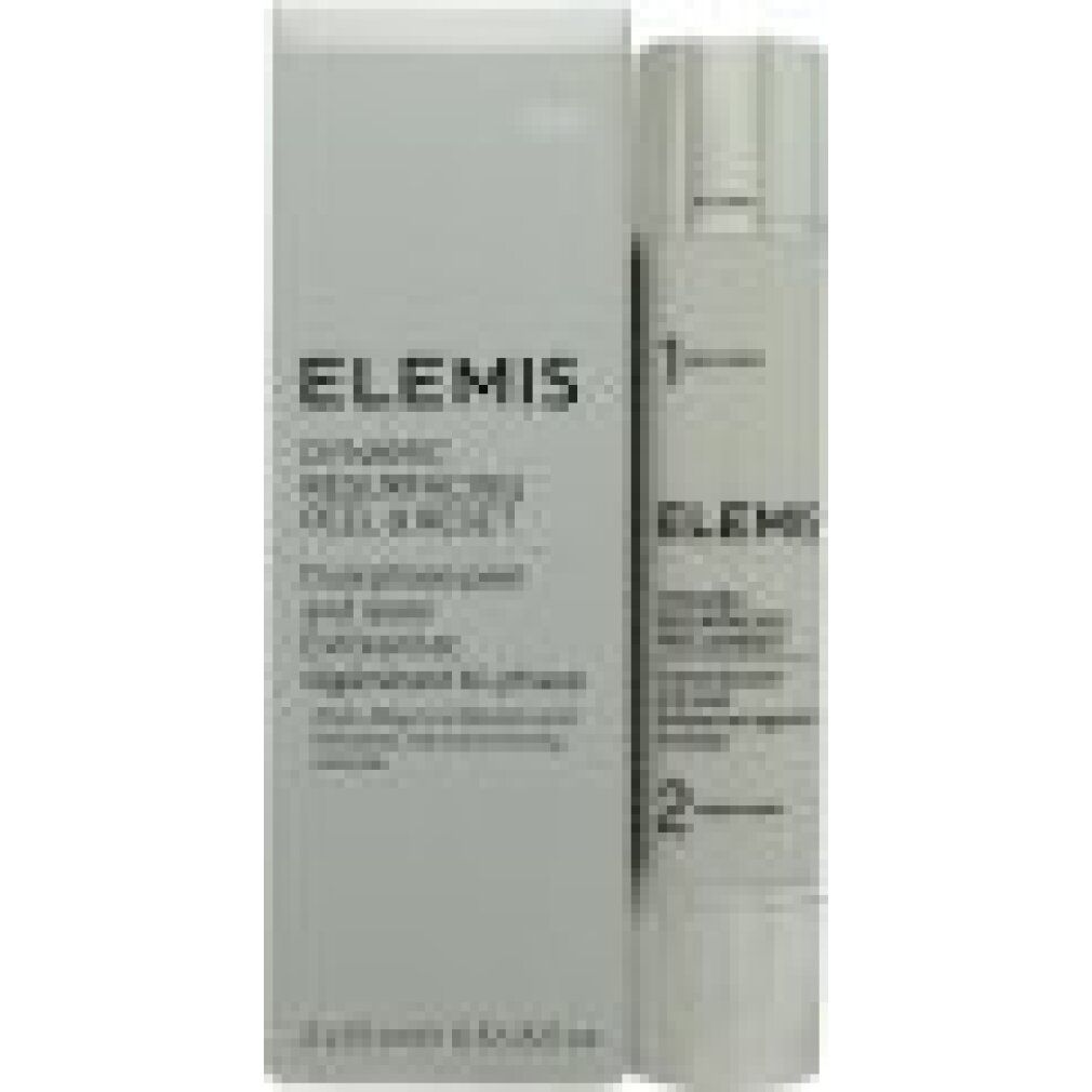 Produktverpackung mit Flakon. Text: ELEMIS, DYNAMIC RESURFACING PEEL & RESET. Zwei Phasen, Anti-Aging. Grauer Hintergrund.