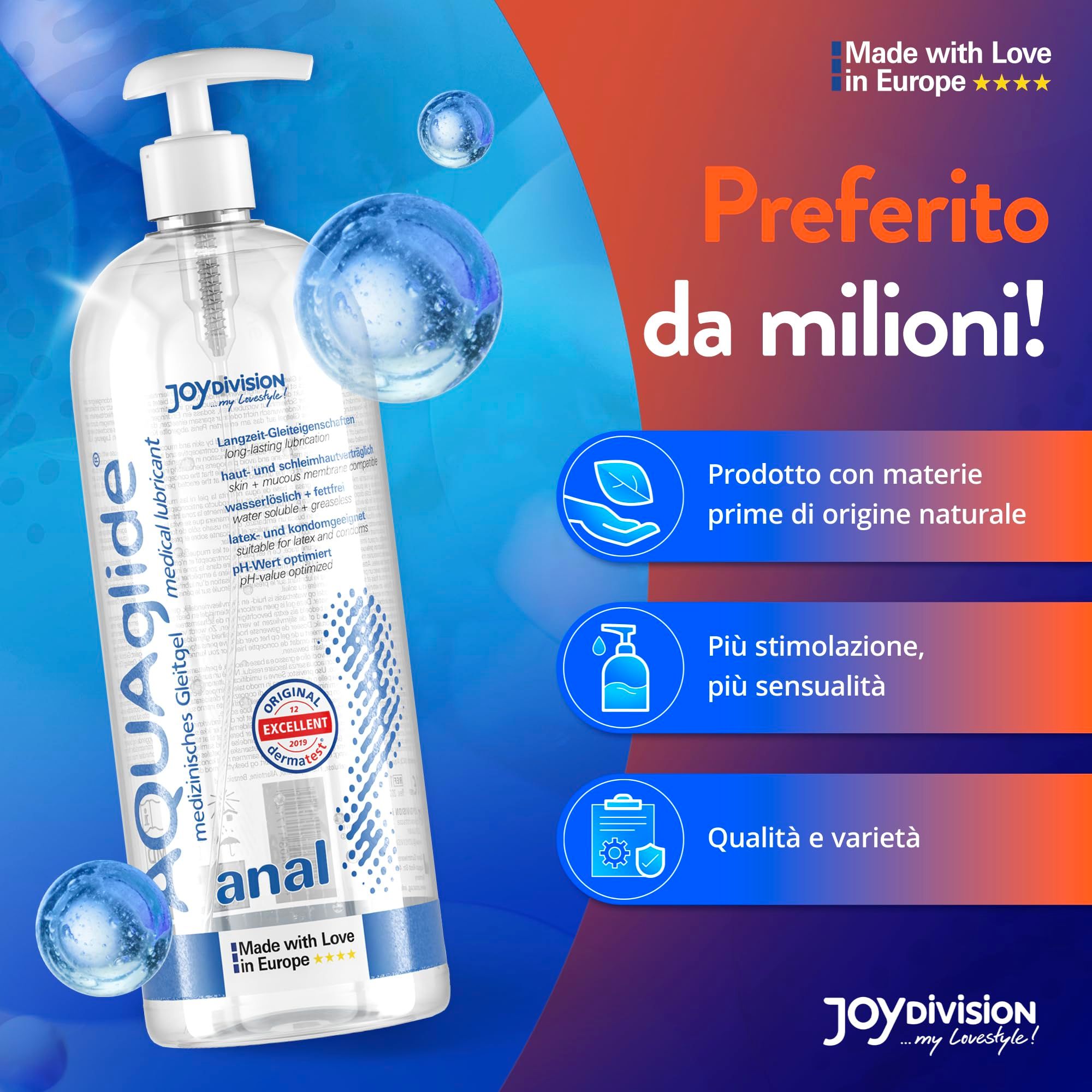 AQUAglilde Anal Gleitgel mit Pumpspender, mit italienischen Texten und Icons.