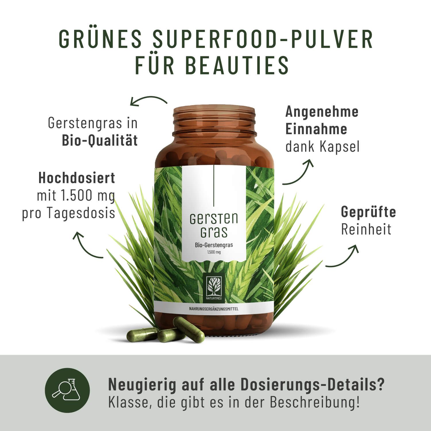 Braune Glasflasche mit GERSTENGRAS - NATURTREU® Kapseln. Text: Bio-Gerstengras 1500mg. Pfeile mit Text.