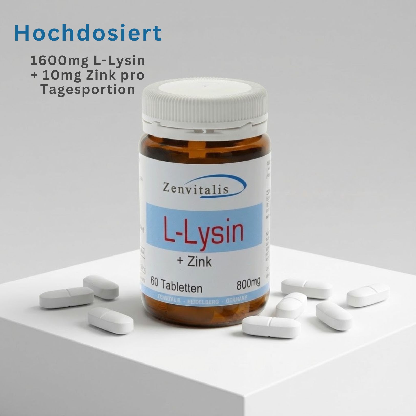 Braune Flasche mit weißem Deckel. Etikett: "L-Lysin + Zink", "60 Tabletten", "800mg". Tabletten daneben. Text: "Hochdosiert".