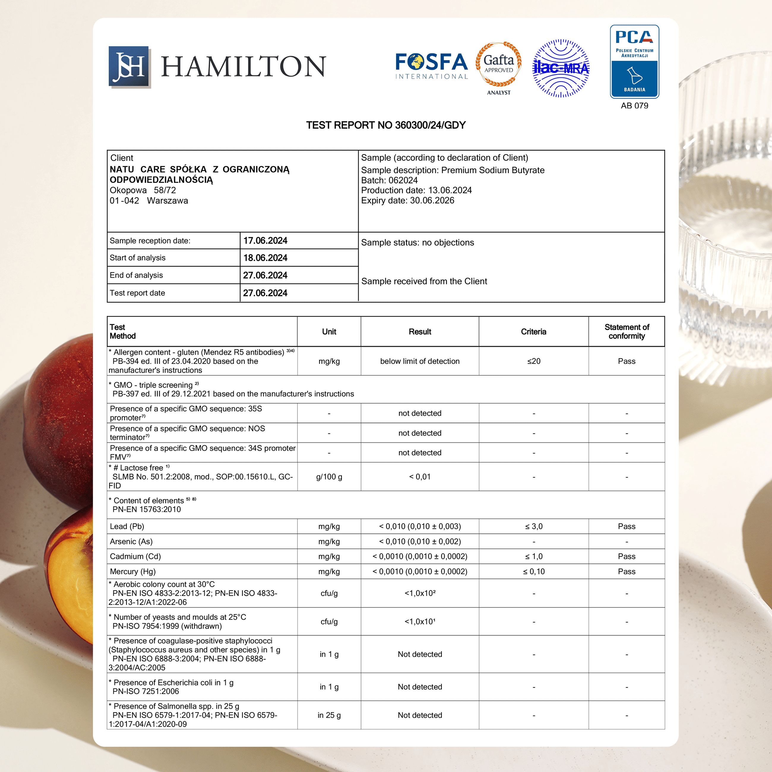 Laborbericht mit Testergebnissen für Natriumbutyrat. Enthält Informationen zu Allergenen und Schwermetallen.