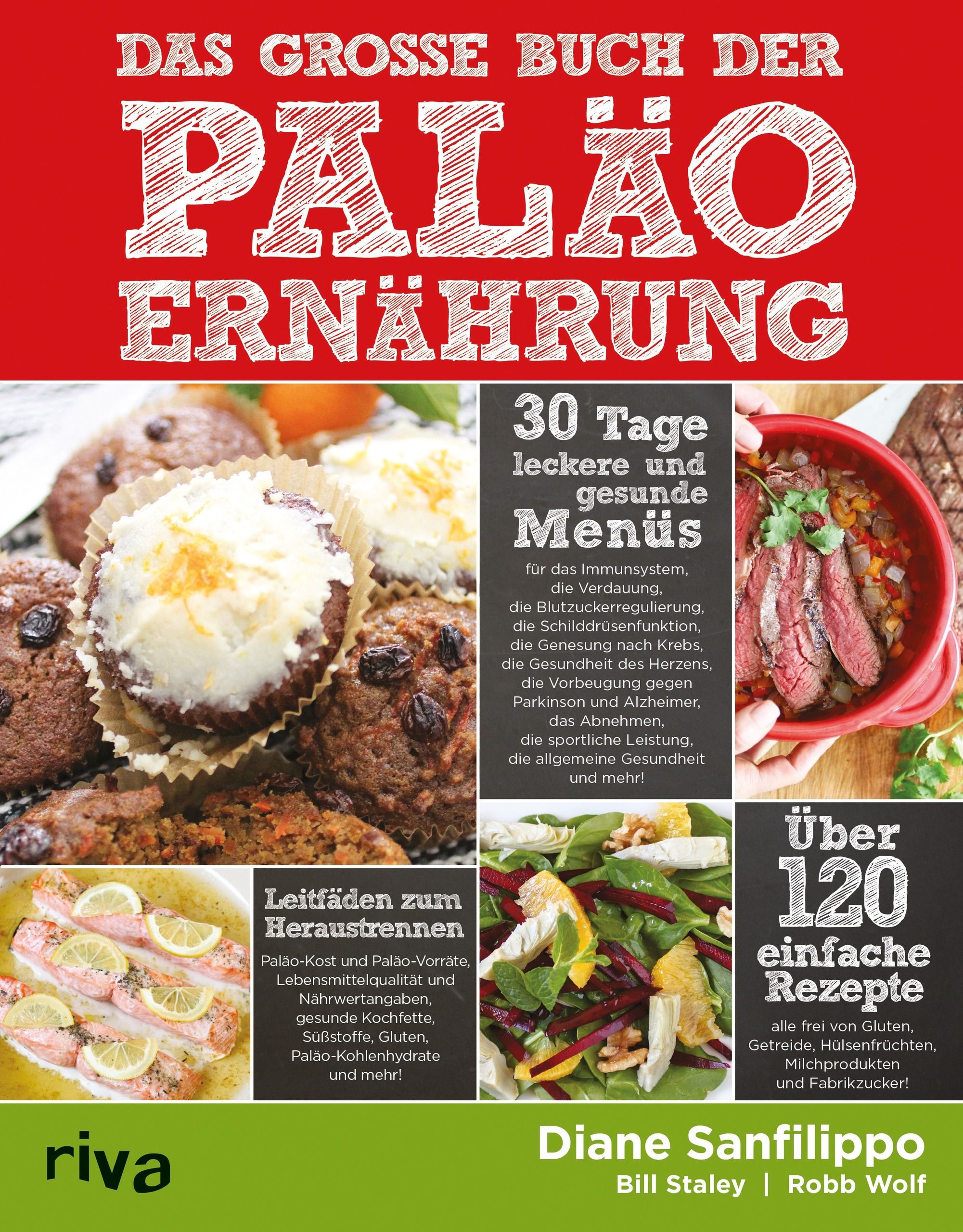 Buchcover: „Das große Buch der Paläo-Ernährung“. Titel in Weiß auf rotem Hintergrund. Mit Rezepten und Autorennamen.