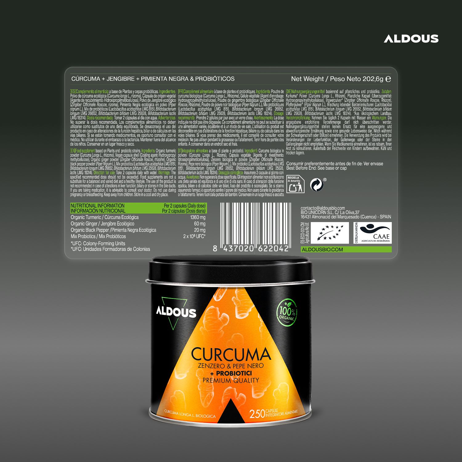 Aldous Curcuma Dose: Vorderseite mit Kurkuma-Motiv und Bio-Siegel.