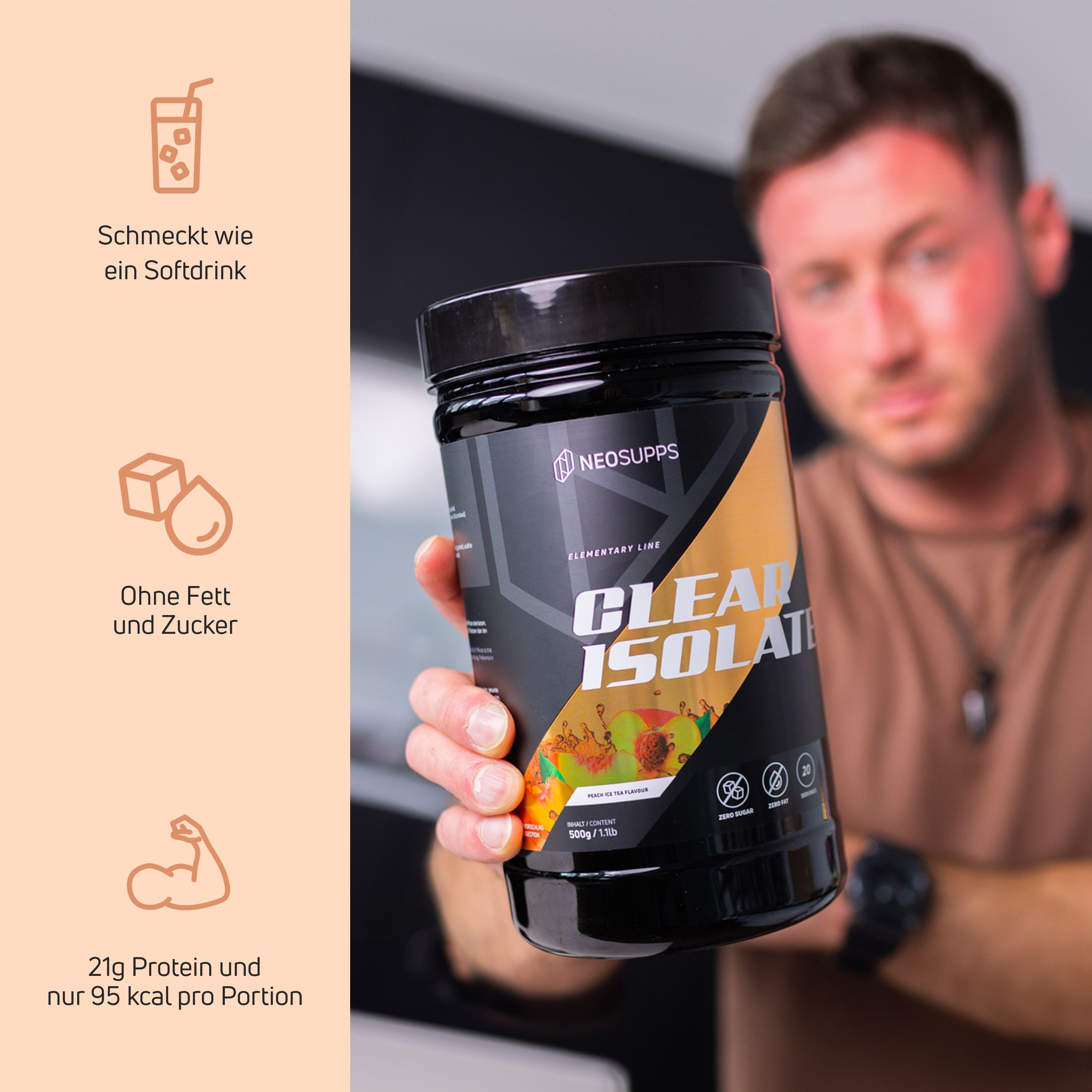 Schwarze Dose mit "CLEAR ISOLATE"-Aufdruck. Enthält 21g Protein und 95 kcal pro Portion. Marke: NEOSUPPS.