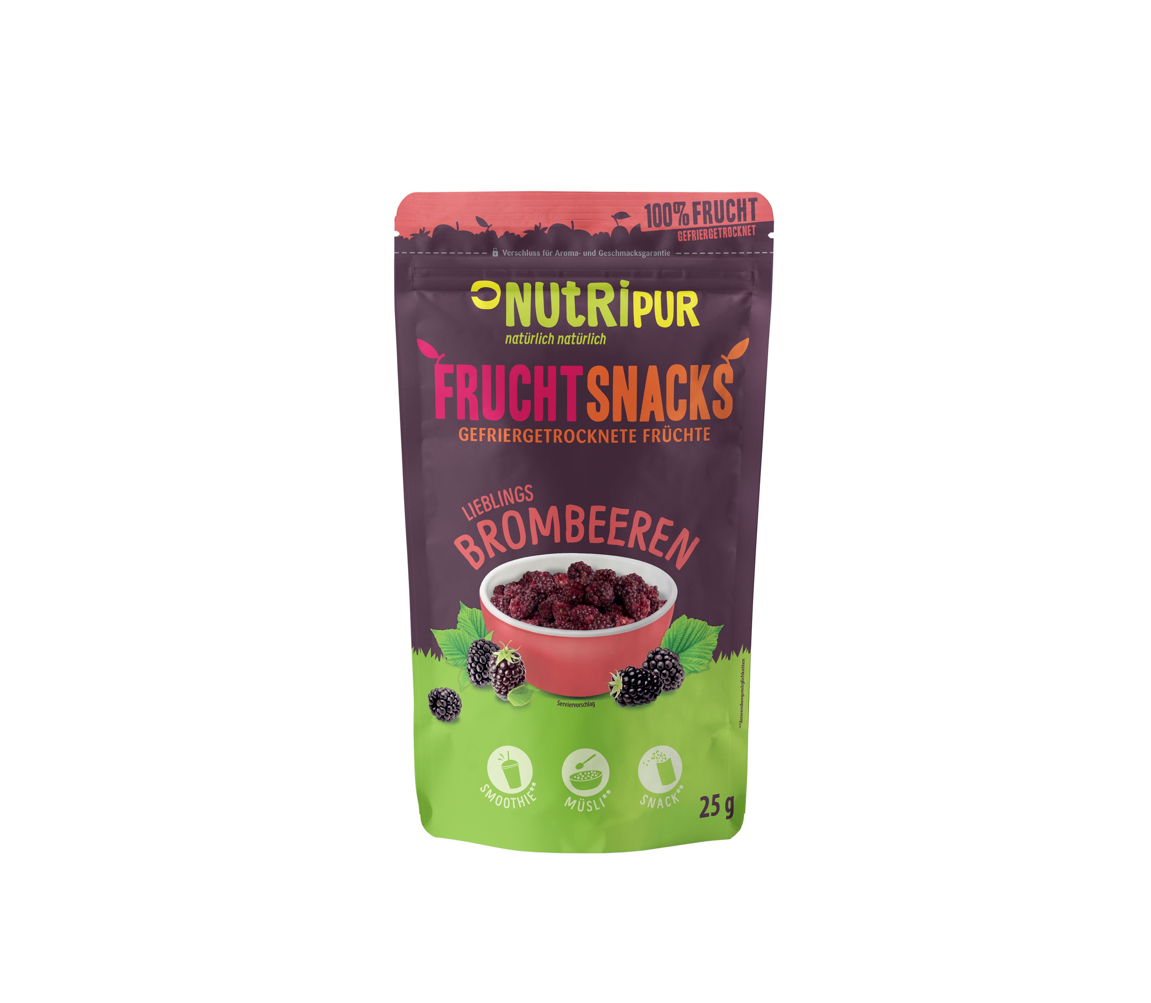 Beutel mit gefriergetrockneten Brombeeren. Aufschrift: NutriPur, Frucht Snacks, 100% Frucht. Abbildung von Brombeeren in einer Schale.