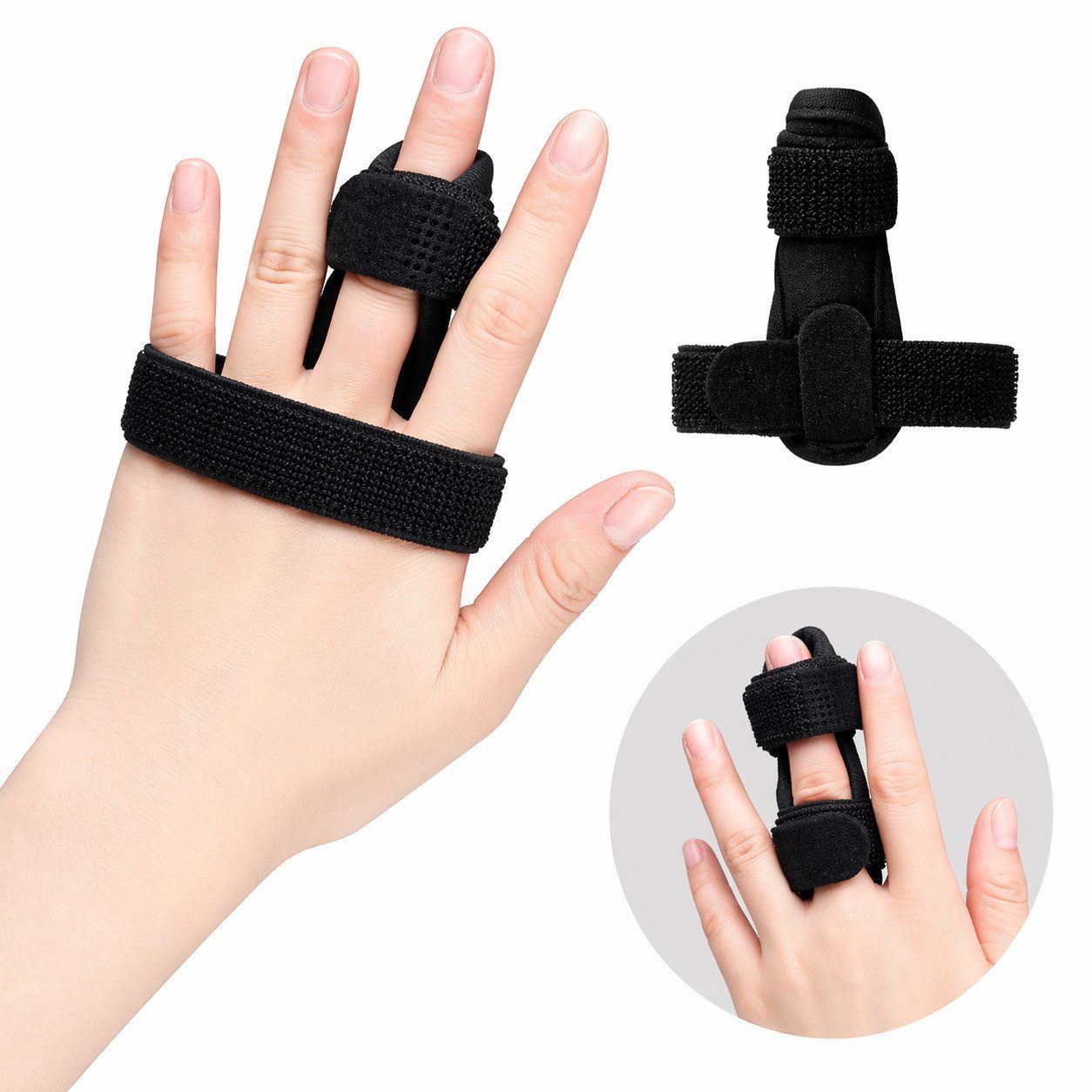 Fingerbandage am Finger. Drei Ansichten. Schwarzes Material. Klettverschluss und Bänder zur Fixierung.