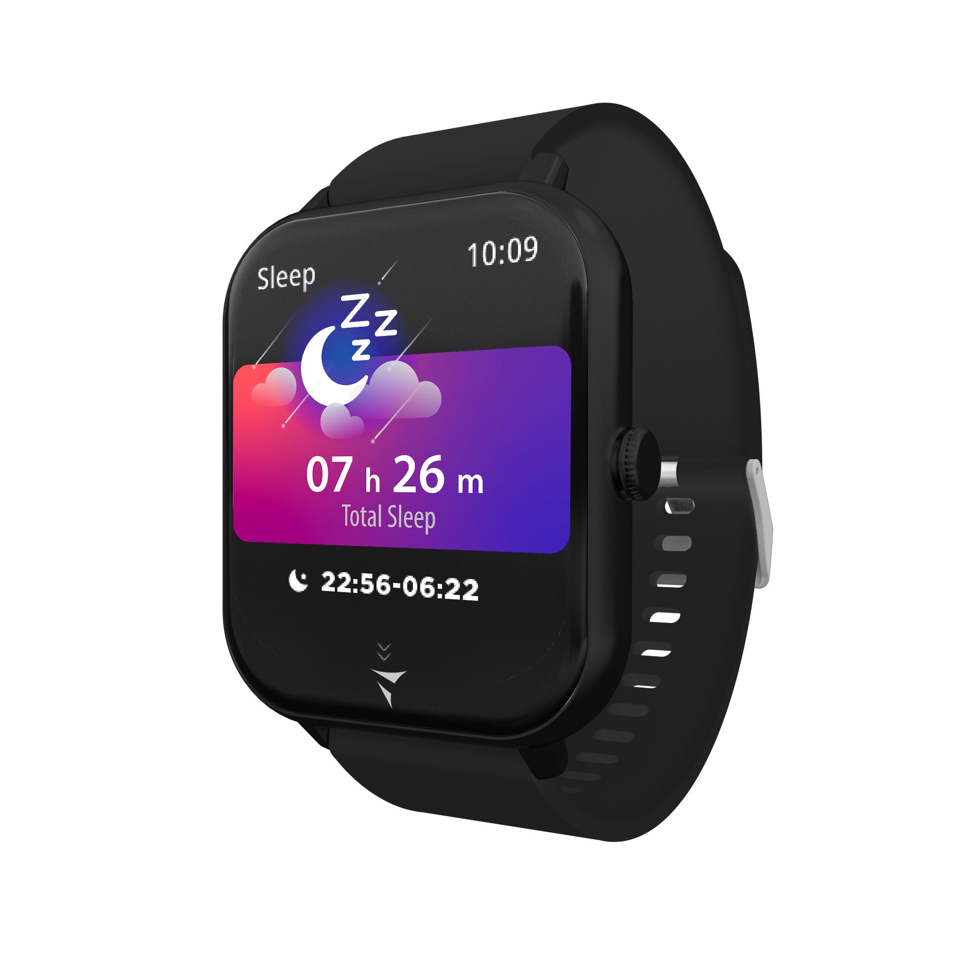 Lo smartwatch Techmade Vision Revolution mostra le informazioni sul sonno sullo schermo nero. Lo schermo mostra un'icona di luna e nuvole, che indica il tempo di sonno. L'orologio ha un cinturino nero e un pulsante laterale.