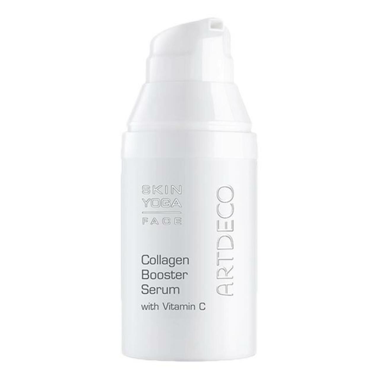 Weißer Serum-Spender mit Aufschrift 'Artdeco Collagen Booster Serum'. Enthält Vitamin C. Mit Pumpkopf.