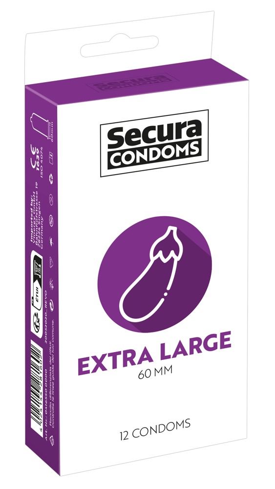 Verpackung von Secura Condoms. Lila und weiß. Mit Aubergine-Symbol und Aufschrift EXTRA LARGE 60 mm. 12 Kondome.