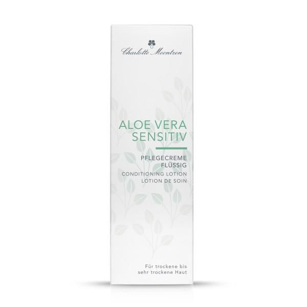 Weiße Flasche mit Produktaufschrift Aloe Vera Sensitiv. Text: Pflegecreme flüssig, Conditioning Lotion, Für trockene bis sehr trockene Haut.