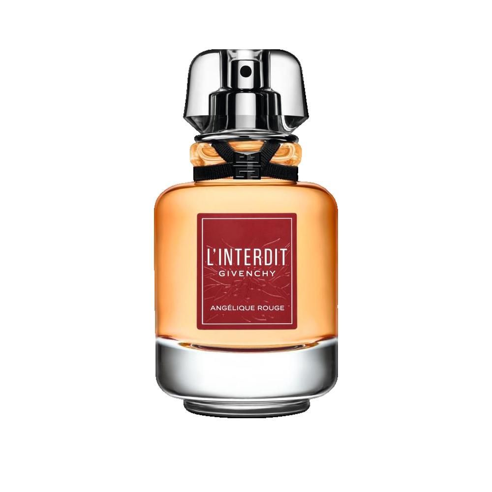 Parfümflakon mit rotem Etikett. Aufschrift: L'Interdit, Givenchy, Angelique Rouge. Transparenter Glasflakon mit silbernem Verschluss.
