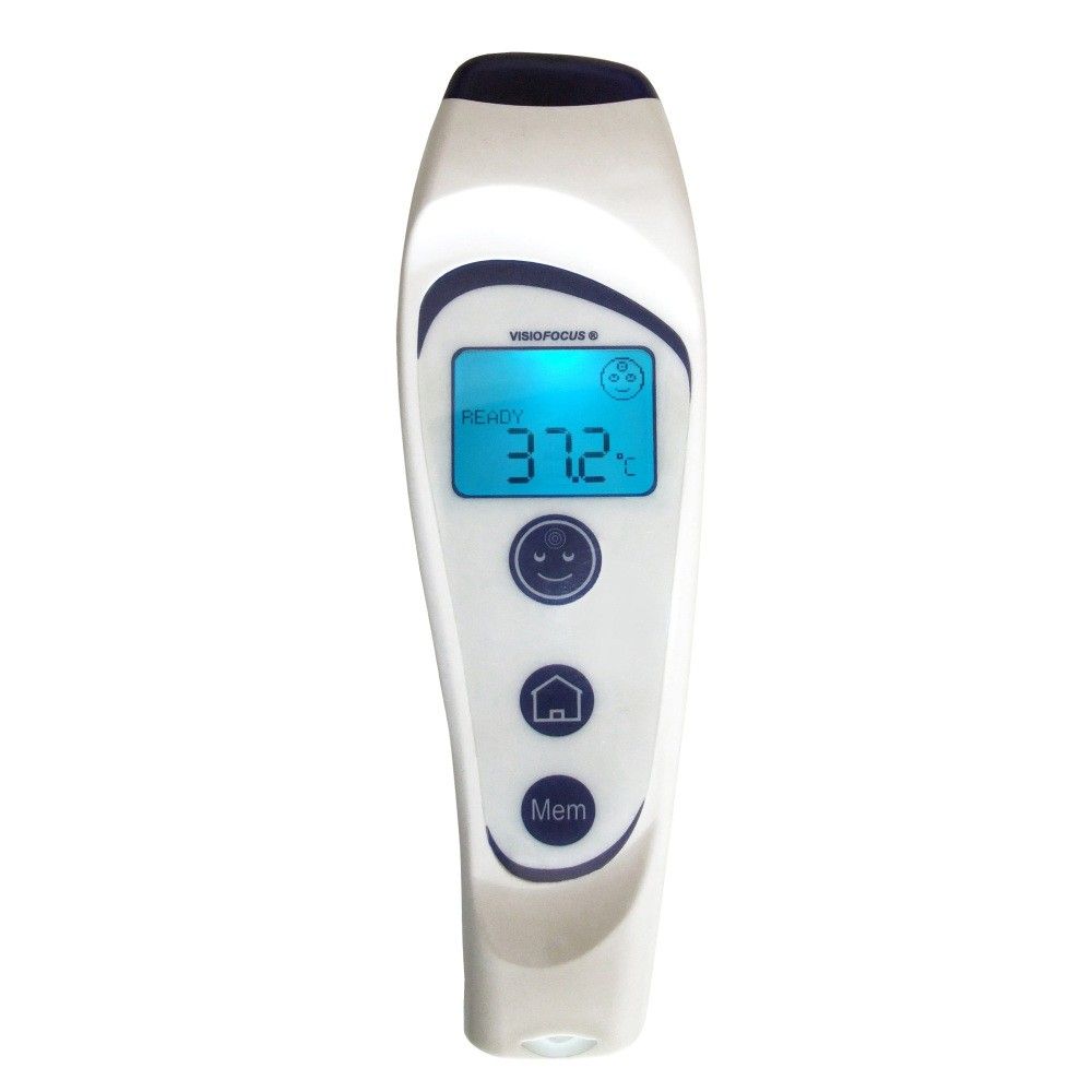 Nahaufnahme eines Infrarot-Thermometers. Auf dem Display werden Temperatur und Symbole angezeigt. Das Thermometer ist weiß mit blauen Akzenten.