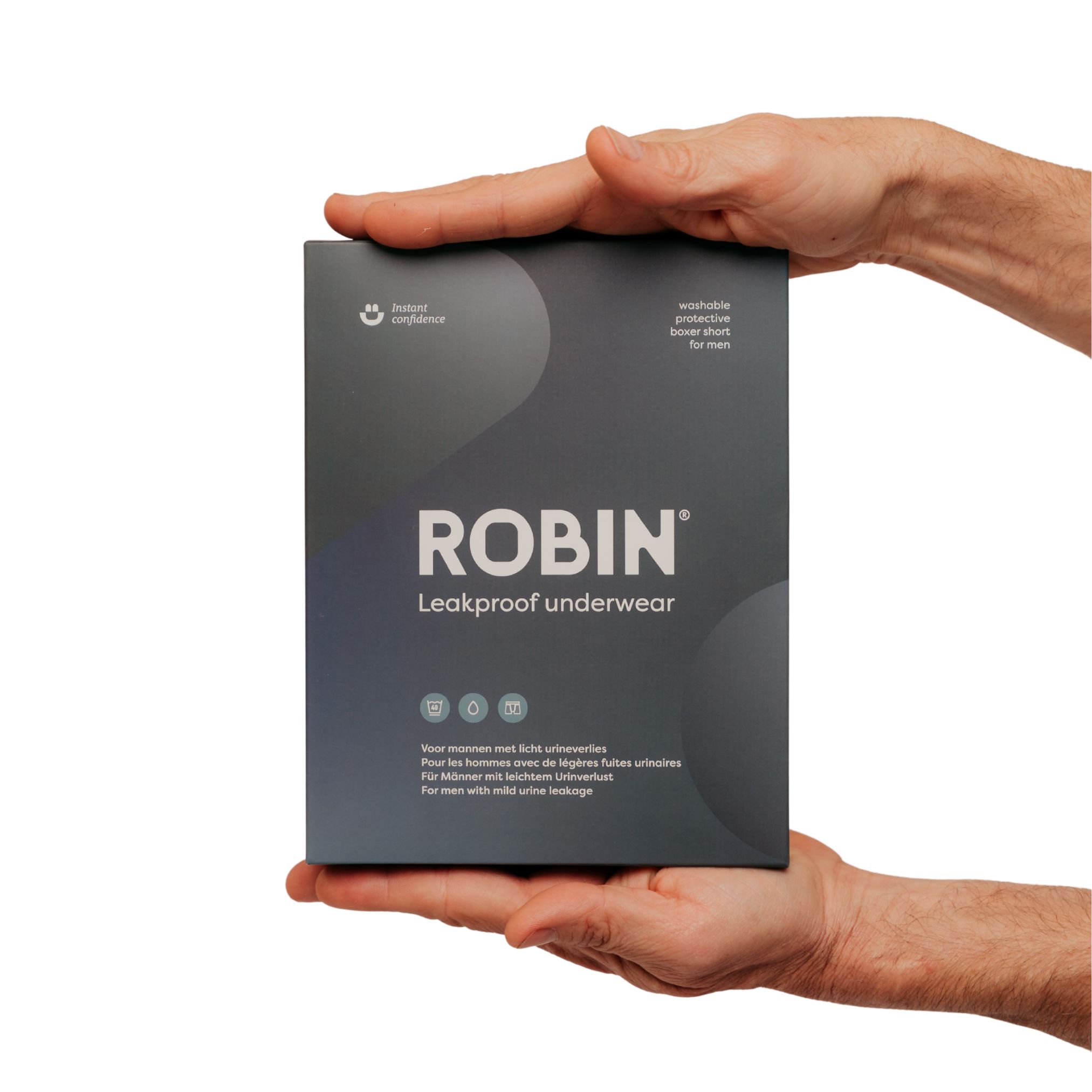 Verpackung für "ROBIN Leakproof Underwear" für Männer, dunkelgrau mit Text.