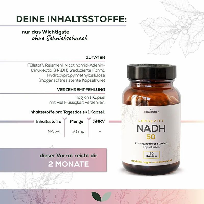 Sanutrition NADH 50 mg: Flasche, Zutatenliste und Verzehrempfehlung.