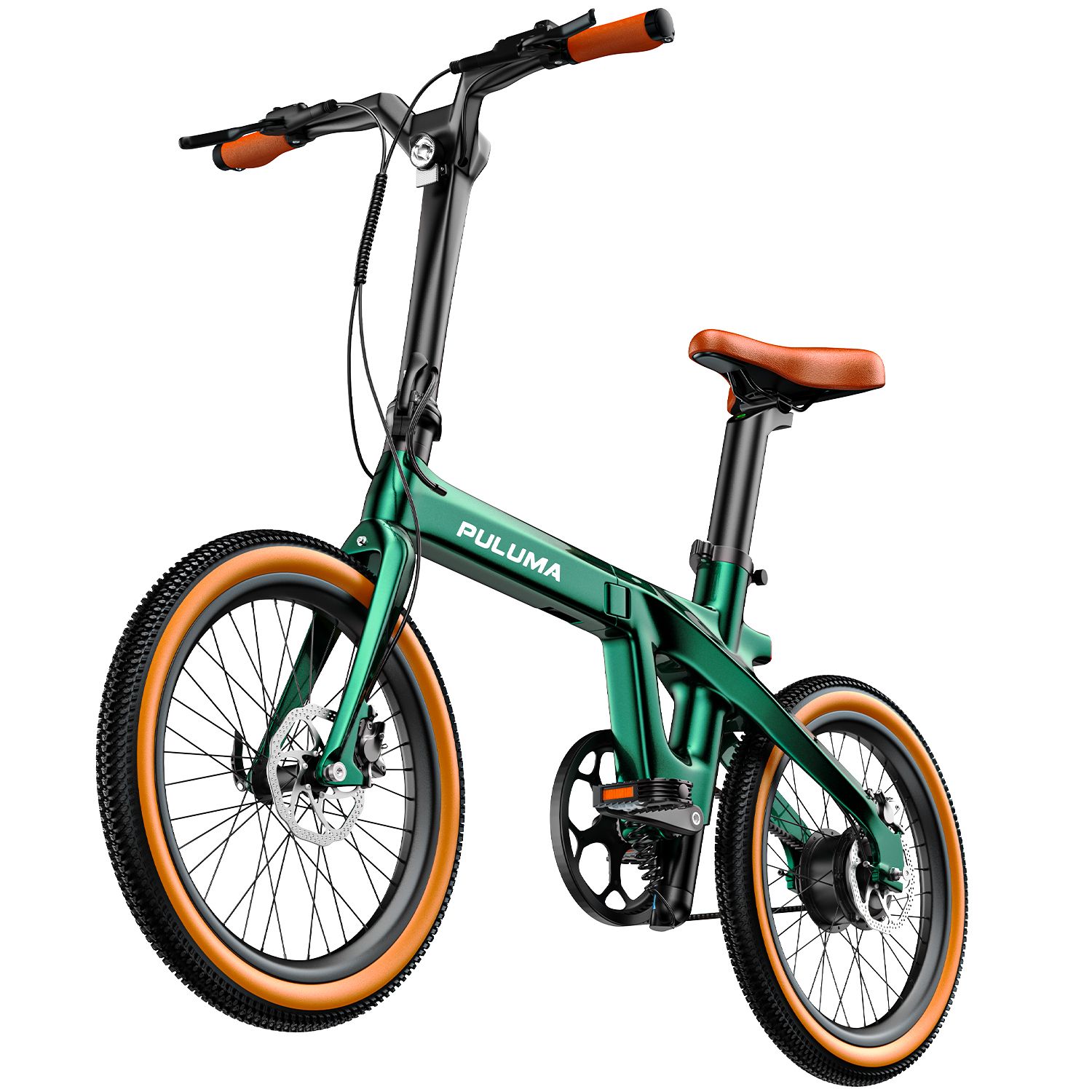 Grünes Faltrad mit braunem Sattel. Marke PULUMA.