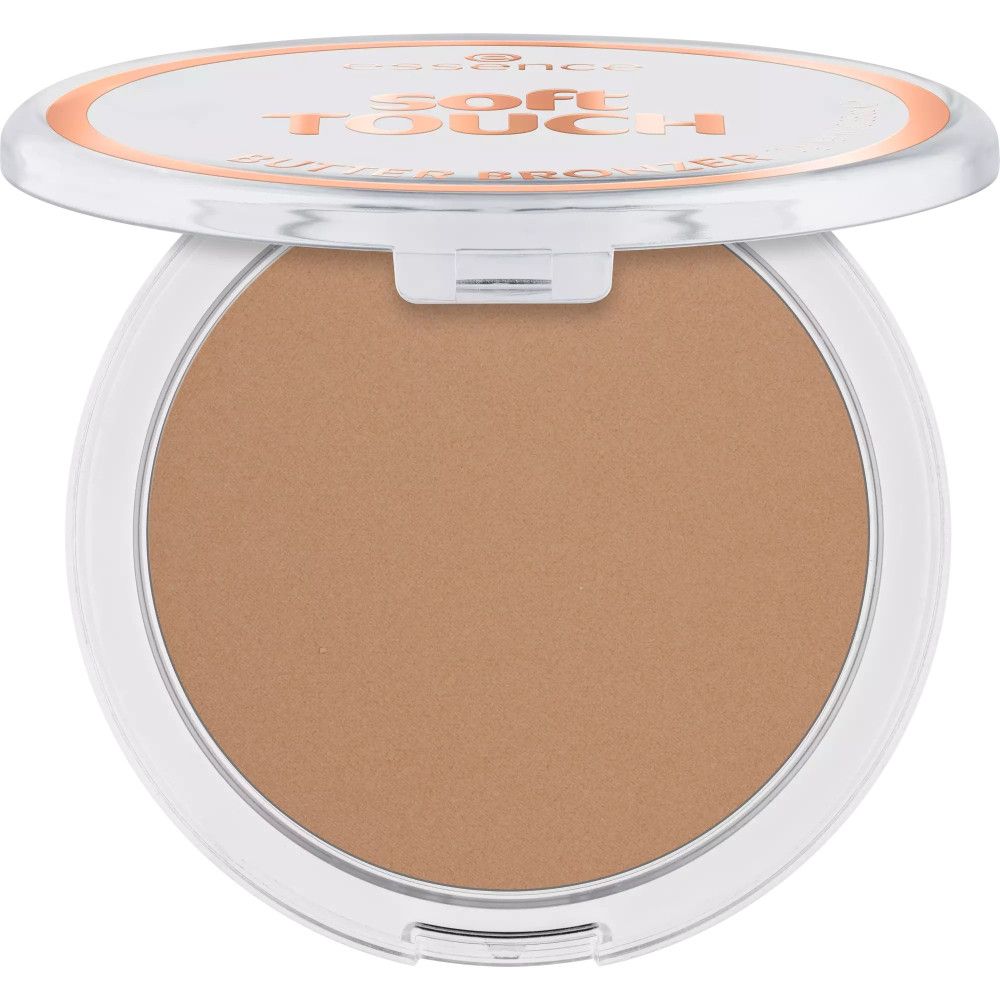 Bronzer-Puder in einer geöffneten, transparenten Dose. Aufschrift: "essence soft TOUCH BUTTER BRONZER".