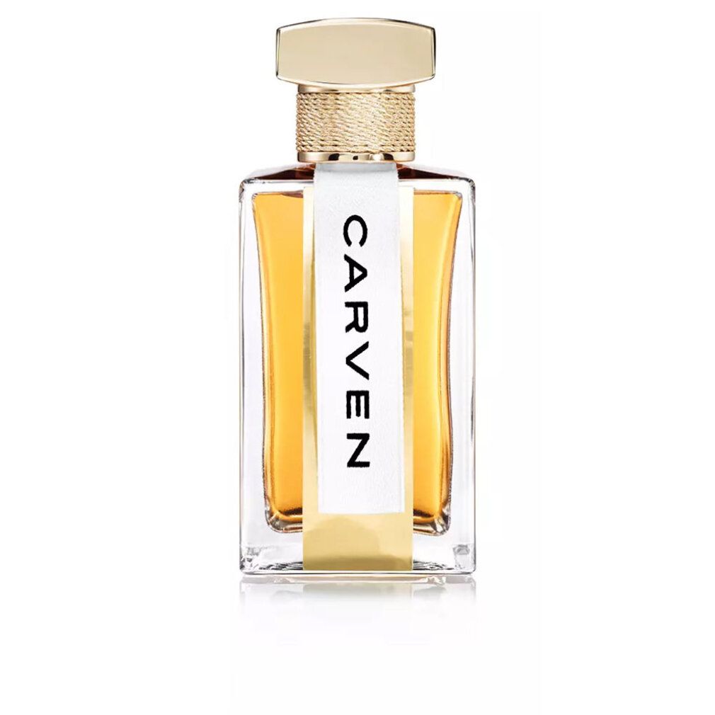 Carven Paris Manille Eau de Parfum Flakon. Goldener Verschluss, klare Flasche mit gelbem Inhalt und weißem Etikett.