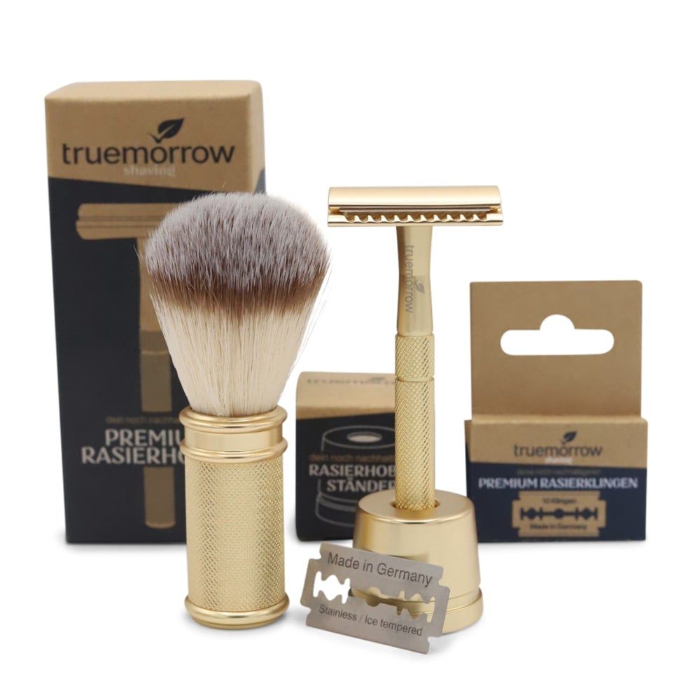 truemorrow Rasierset – Classic (mit Premium Rasierhobel, Pinsel, Ständer und 10 Klingen) gold
