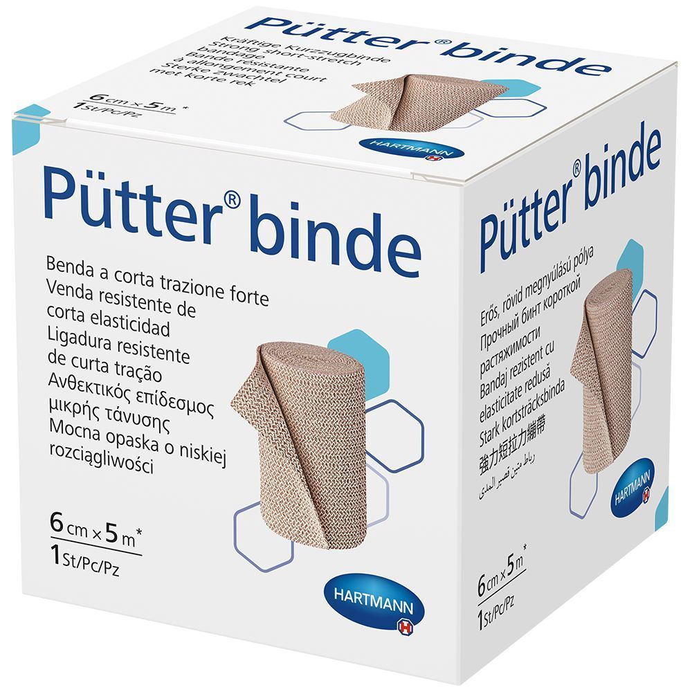 Verpackung von Puetterbinde. Box mit Bandage, 6cm x 5m. Aufschrift: Puetterbinde, Hartmann. Mehrsprachige Produktinformationen.