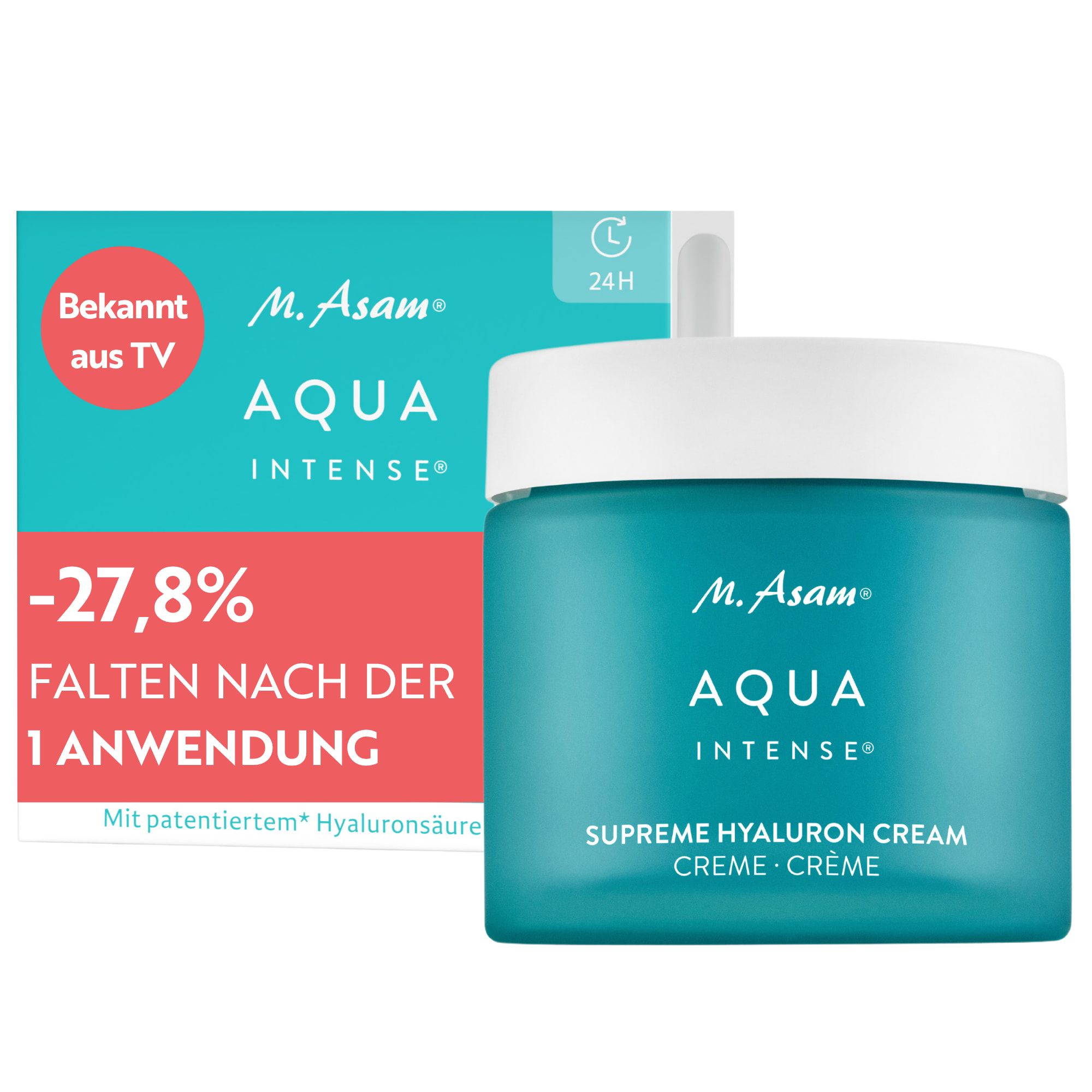 M. Asam Aqua Intense Supreme Hyaluron Gesichtscreme mit Verpackung, die 27,8% Faltenreduktion zeigt.