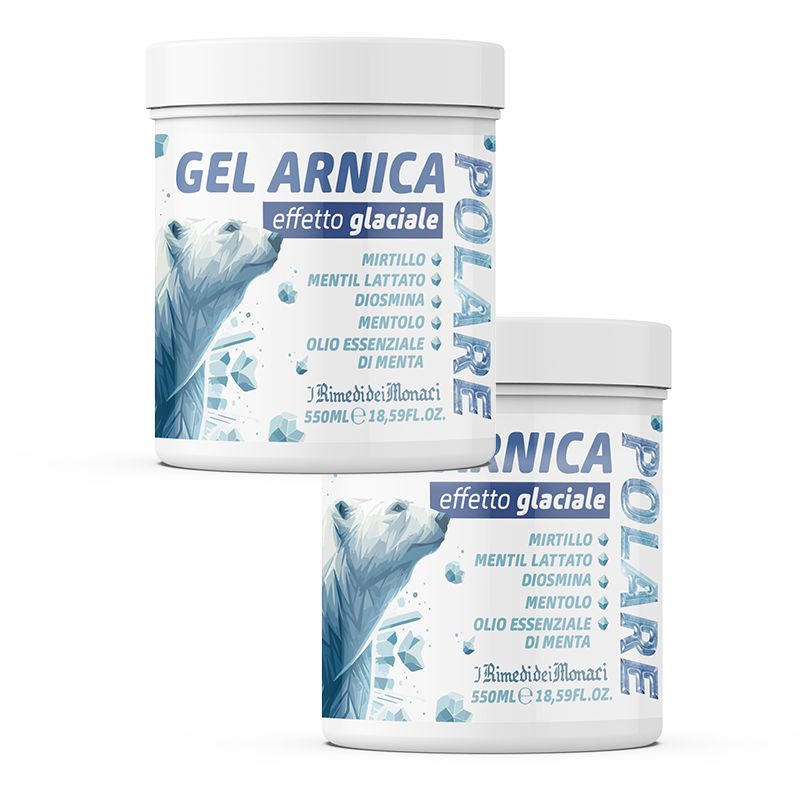 Zwei weiße Tiegel mit Etiketten. Aufschrift: Gel Arnica, Polare. Mit Eisbär-Illustration und Inhaltsstoffen.