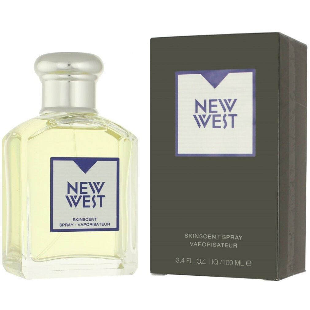 Glasflakon und schwarze Verpackung. Flakon mit silbernem Verschluss und "NEW WEST" Logo. Verpackung mit Logo.