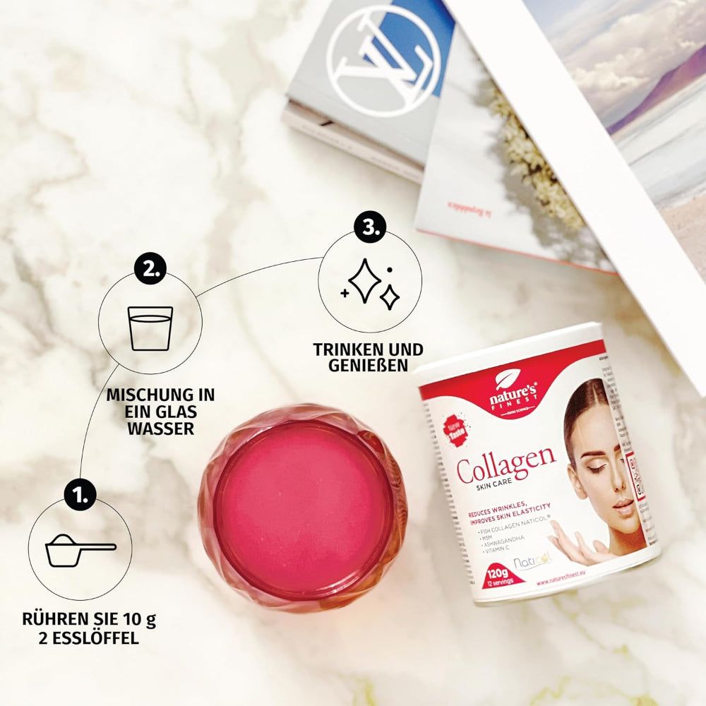 Frau hält Dose Kollagen SkinCare. 12 Portionen, 12 Tage. Text: Ohne Falten mit nachgewiesener Wirkung.