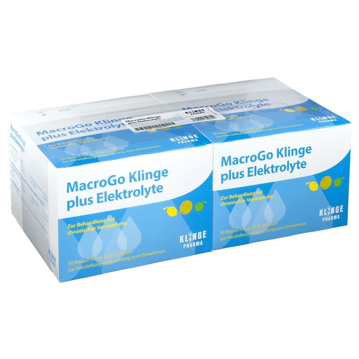 Karton mit Produktaufdruck: MacroGo Klinge plus Elektrolyte. Blaue und weiße Verpackung. Klinge Pharma Logo.