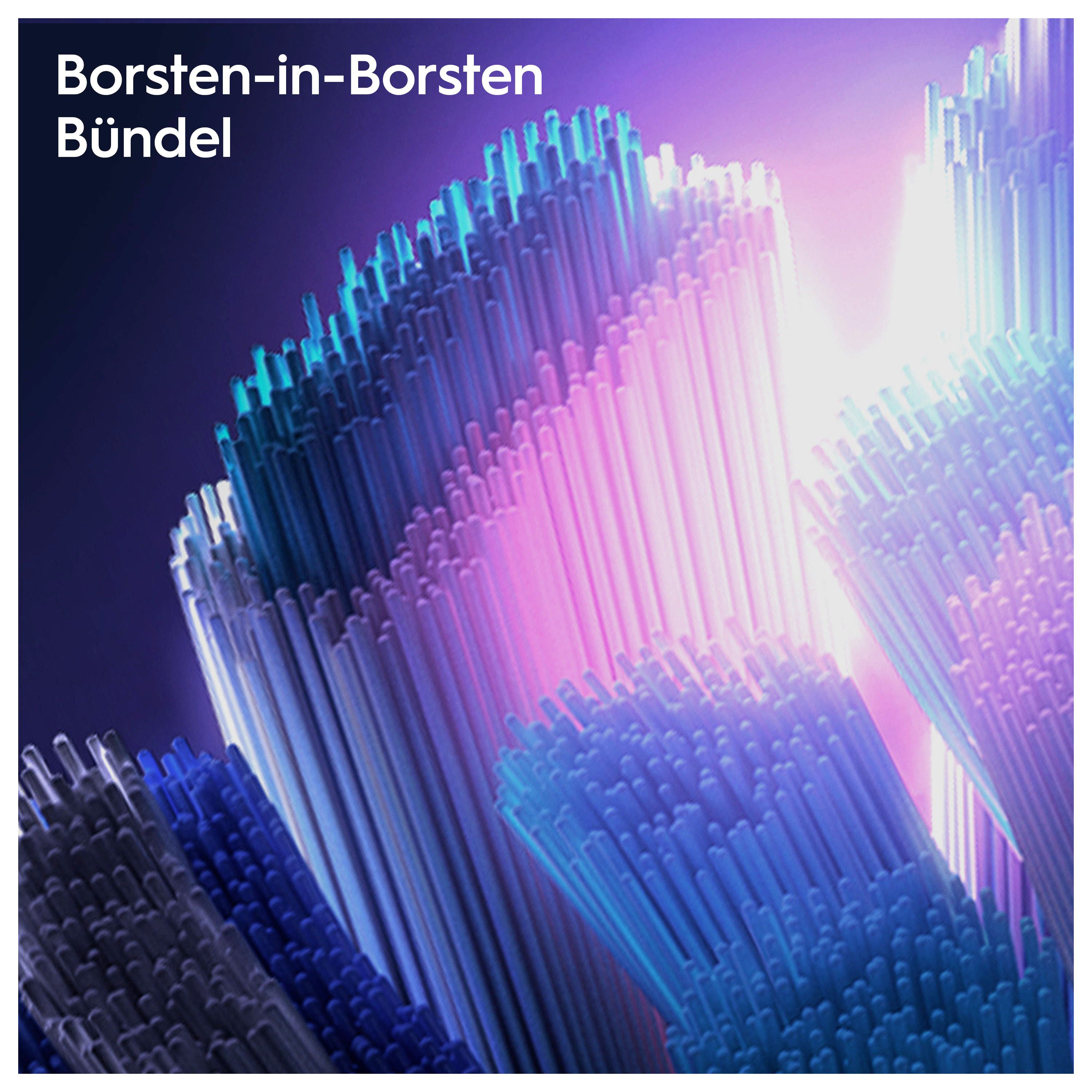 Nahaufnahme der Borsten einer Zahnbürste. Blaue und weiße Borstenbündel. Text: Borsten-in-Borsten Bündel.