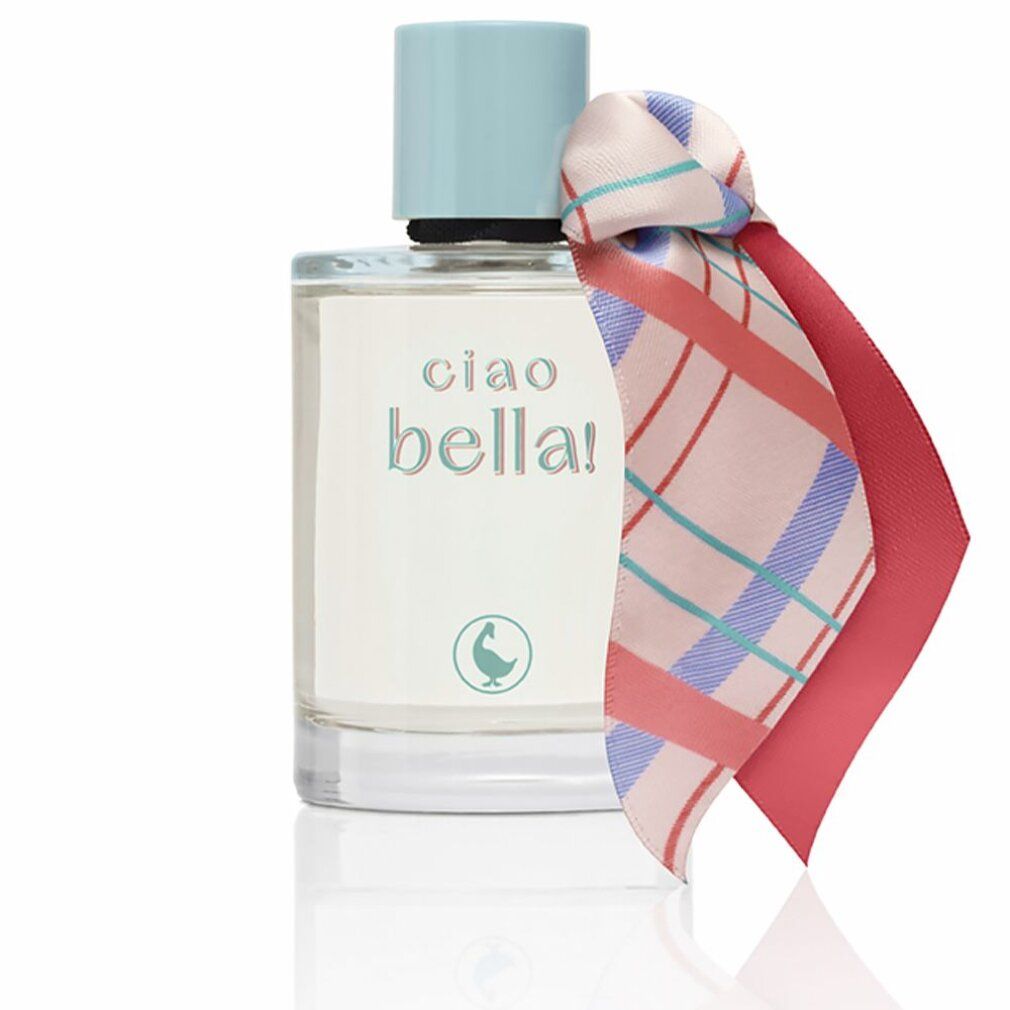 Eau de Toilette-Flakon mit hellblauem Verschluss und Schleife. Aufschrift "ciao bella!".