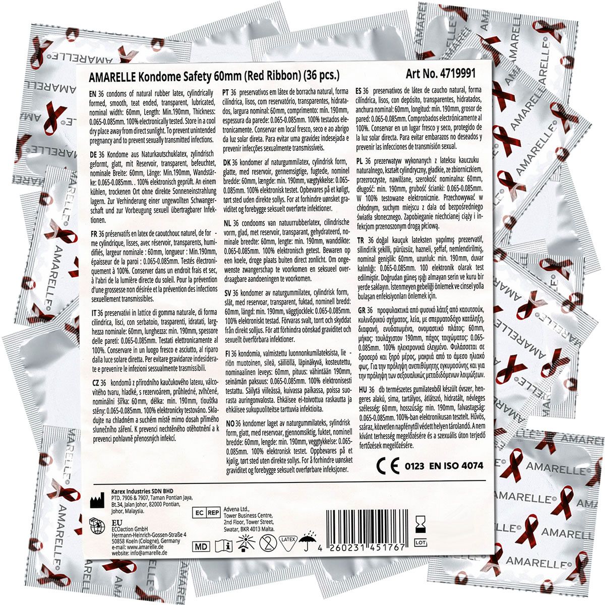 Kondome in Einzelverpackungen. Aufschrift: Amarelle Kondome Safety 60mm (Red Ribbon). CE-Kennzeichnung.