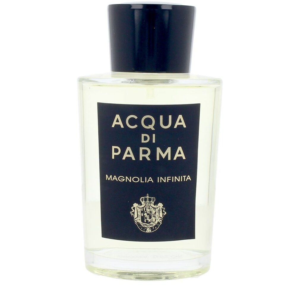 Parfümflakon mit schwarzem Deckel. Aufschrift: Acqua di Parma, Magnolia Infinita. Schwarzes Etikett mit goldenem Wappen.