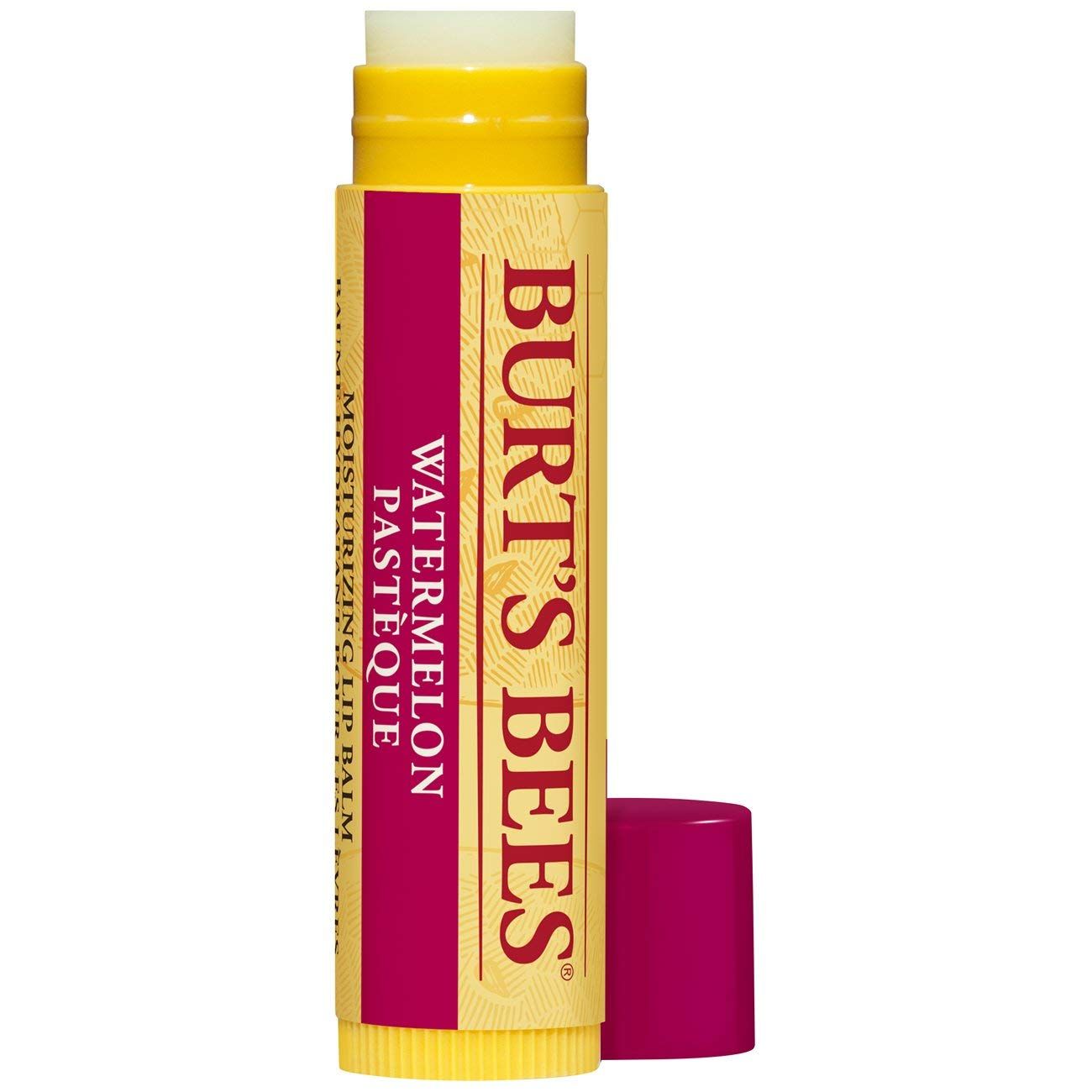 Stick di balsamo per labbra aperto. Astuccio giallo con striscia rossa e testo: BURT'S BEES, Watermelon, Pastèque, Moisturizing Lip Balm. Cappuccio rosso accanto.