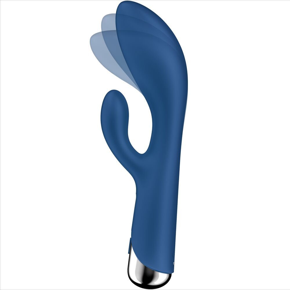 Blauer Vibrator mit drehendem Element. Silberfarbener Sockel. 2in1-Funktion: Vibration + Rotation.