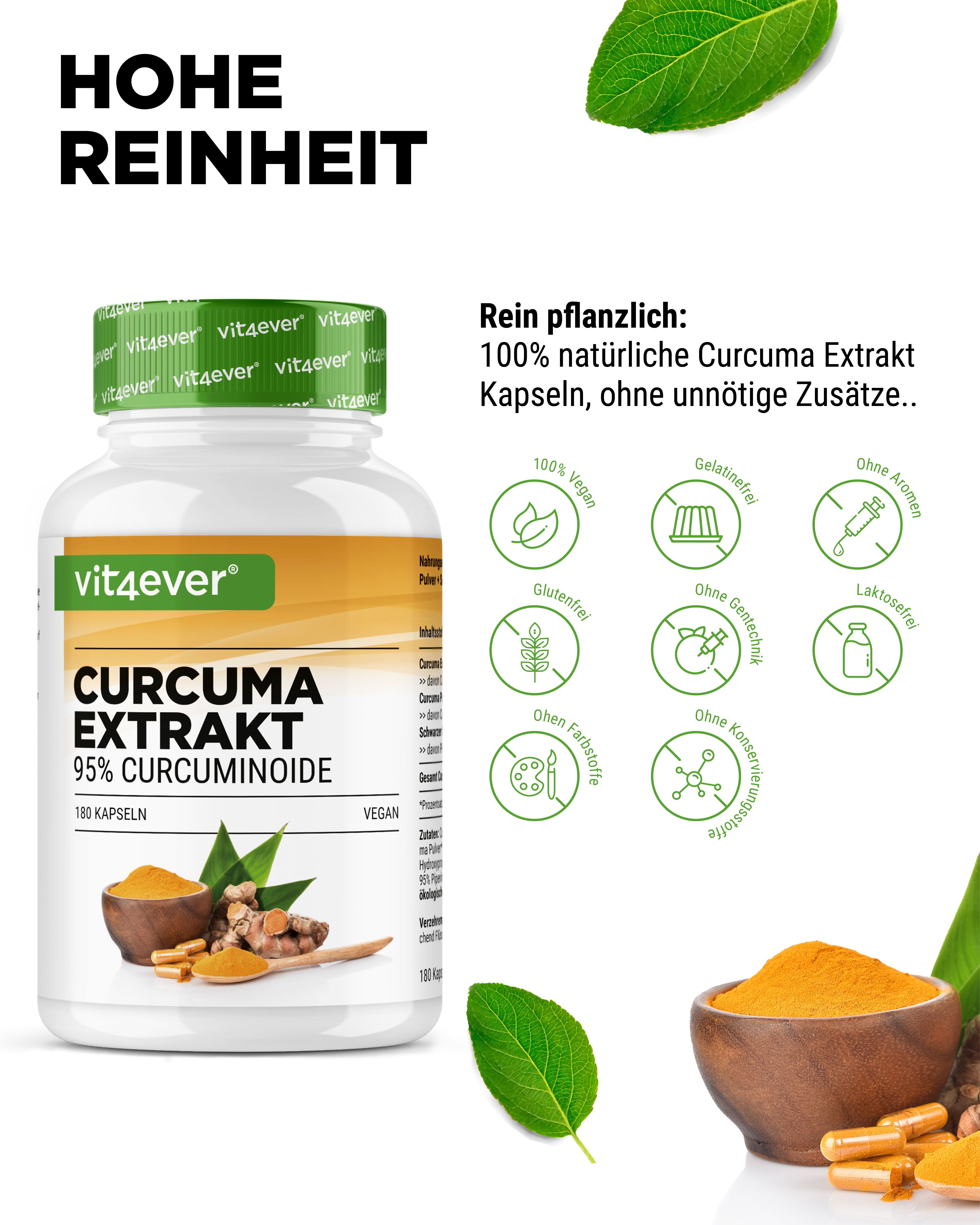 Weiße Flasche "Curcuma Extrakt" mit 180 Kapseln. Text: Hohe Reinheit. Illustrationen von Inhaltsstoffen.