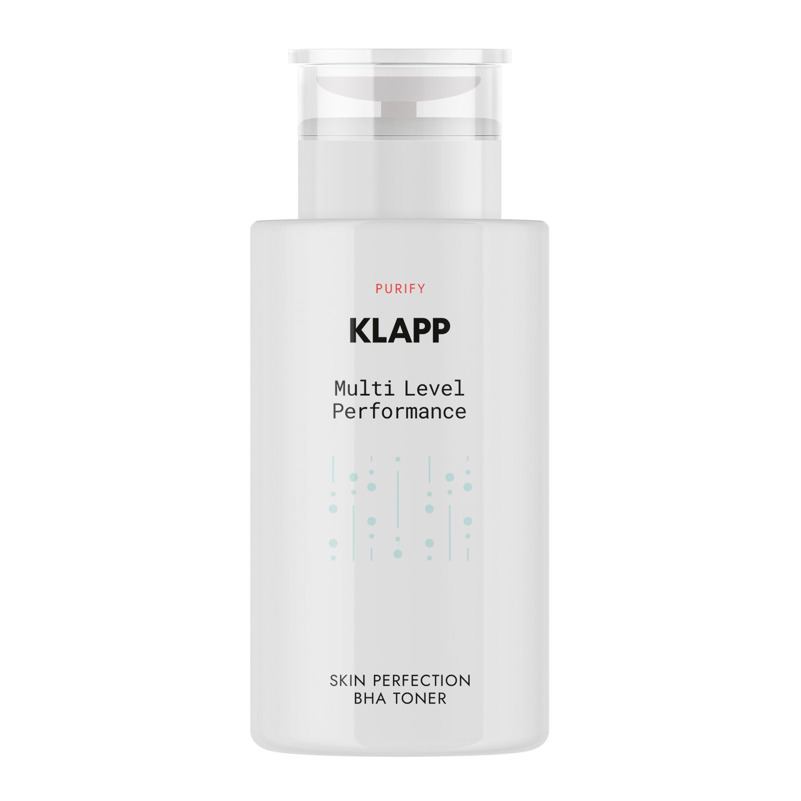 Weiße Flasche mit Klapp-Logo und Text: Multi Level Performance Skin Perfection BHA Toner. Klare Kappe.