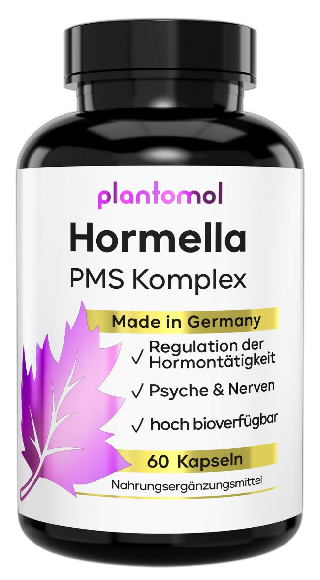 Flasche plantomol® Hormella PMS Komplex. 60 Kapseln. Made in Germany. Reguliert Hormonhaushalt, Psyche & Nerven, hoch bioverfügbar.
