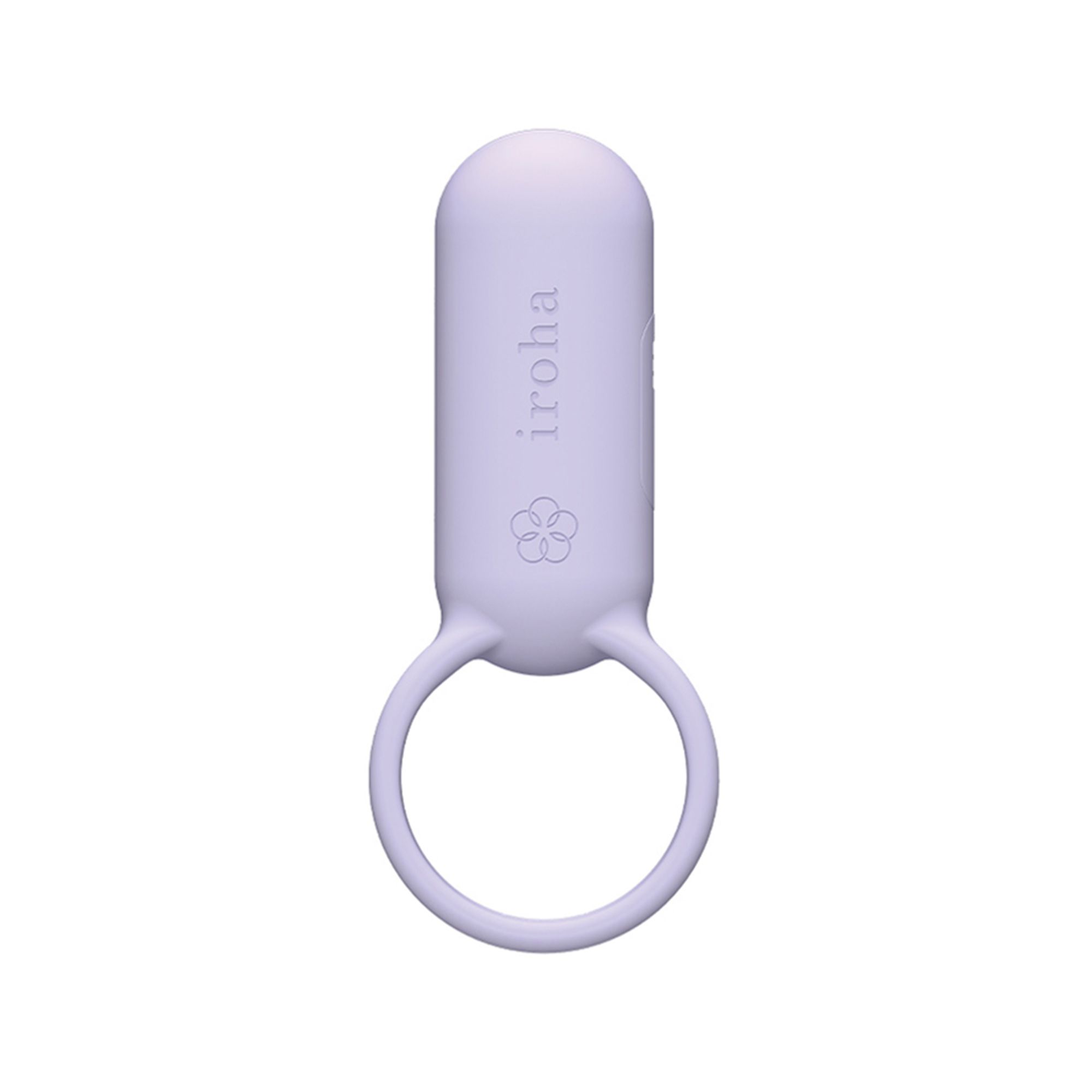 Lila Paar-Vibrator mit Ring. Marke iroha. Blüten-Logo. Zylindrischer Kopf, Ring am Ende.