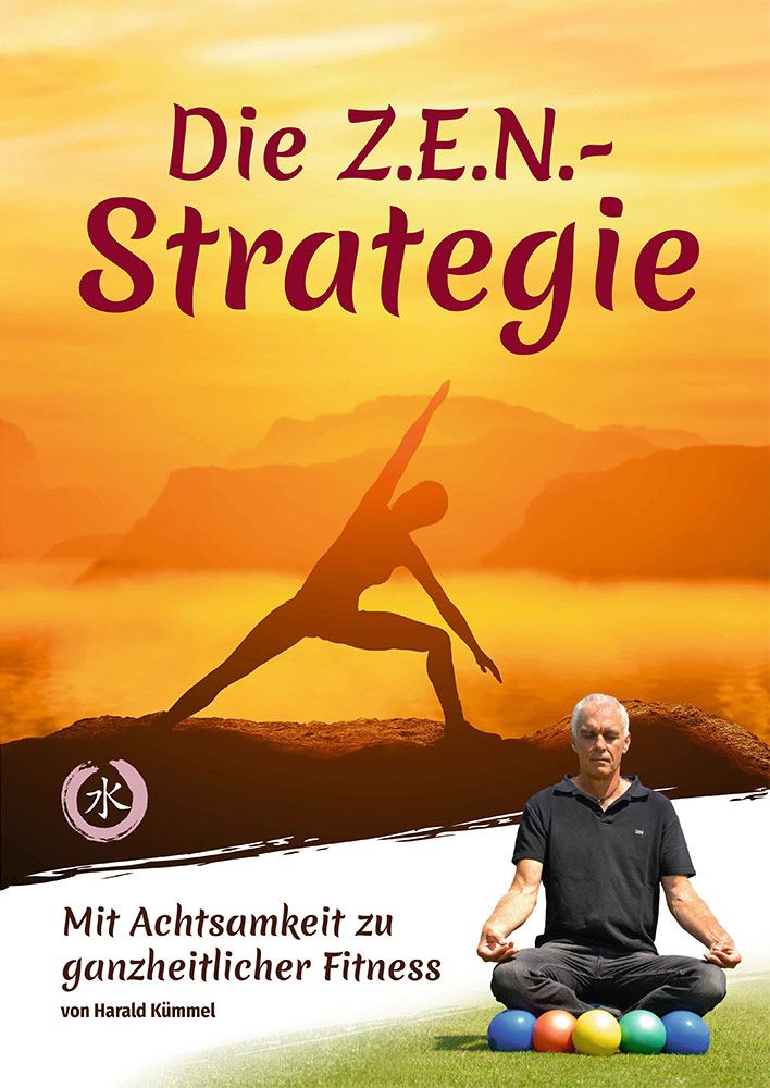 Buchcover: Titel "Die Z.E.N.-Strategie". Person in Yoga-Pose, Mann im Schneidersitz. Hintergrund: Landschaft, Sonnenuntergang.