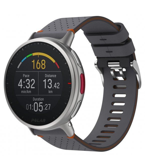 Grau-orangefarbene Sportuhr. Rundes Zifferblatt mit Anzeige von Pace, Distanz und Dauer. Graues Armband mit orangefarbenen Akzenten.