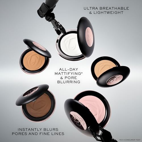 Mehrere kompakte Puder in verschiedenen Farben. Text: All-Day Mattifying & Pore Blurring. Instantly Blurs Pores and Fine Lines.