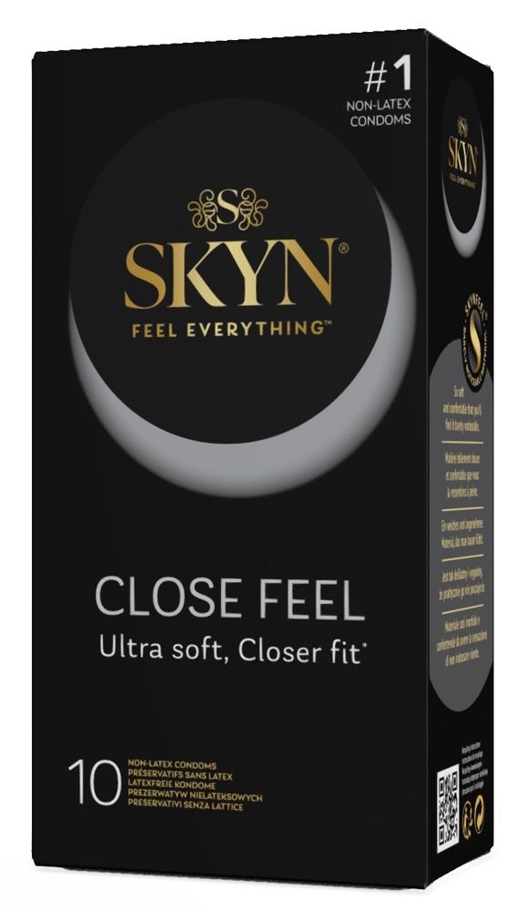 Schwarze Schachtel mit SKYN-Logo und Text. Enthält 10 Kondome. Aufschrift: Close Feel, Ultra soft, Closer fit.